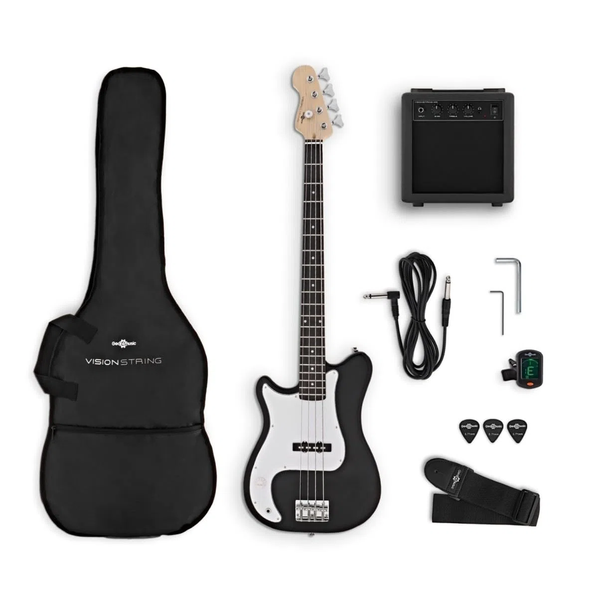 VISIONSTRING E Bass Gitarre Linkshänder 3/4 mit Verstärker 10W für Kinder - Elektrische Bassgitarre Set mit Gitarrentasche, Plektrum, Gurt, Stimmgerät - Bass Guitar Gitarren Schwartz von Gear4music