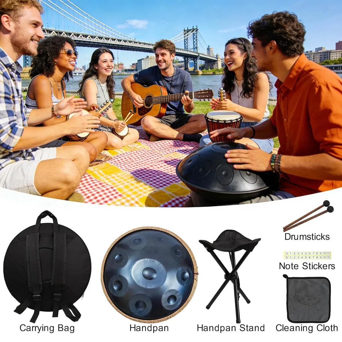 Handpan Drum-22 Zoll Handtrommel in D-Moll 432Hz/440Hz Handtrommel für Anfänger Meditation Yoga, 9/10/12 Noten Stahl Zungentrommel mit Tasche Schlägeln Ständer(Gold-Silver,432HZ/9Note)
