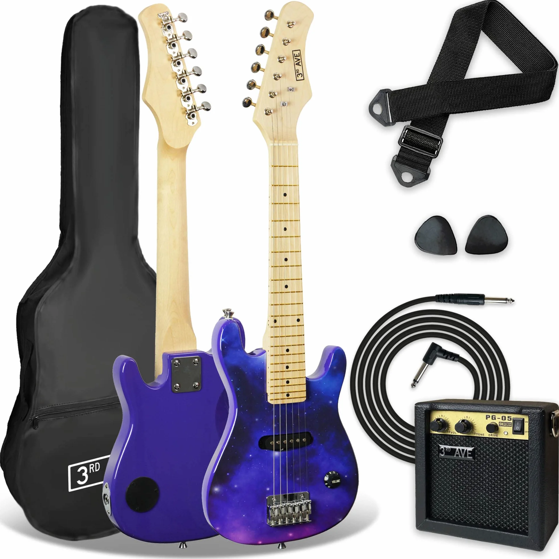 3rd Avenue E-Gitarrenset für Kinder in 1/4-Größe, Junior-Gitarre für Anfänger – mit tragbarem Verstärker mit 5 W, Kabel, Tasche, Plektren und Gurt – in Lila Galaxie