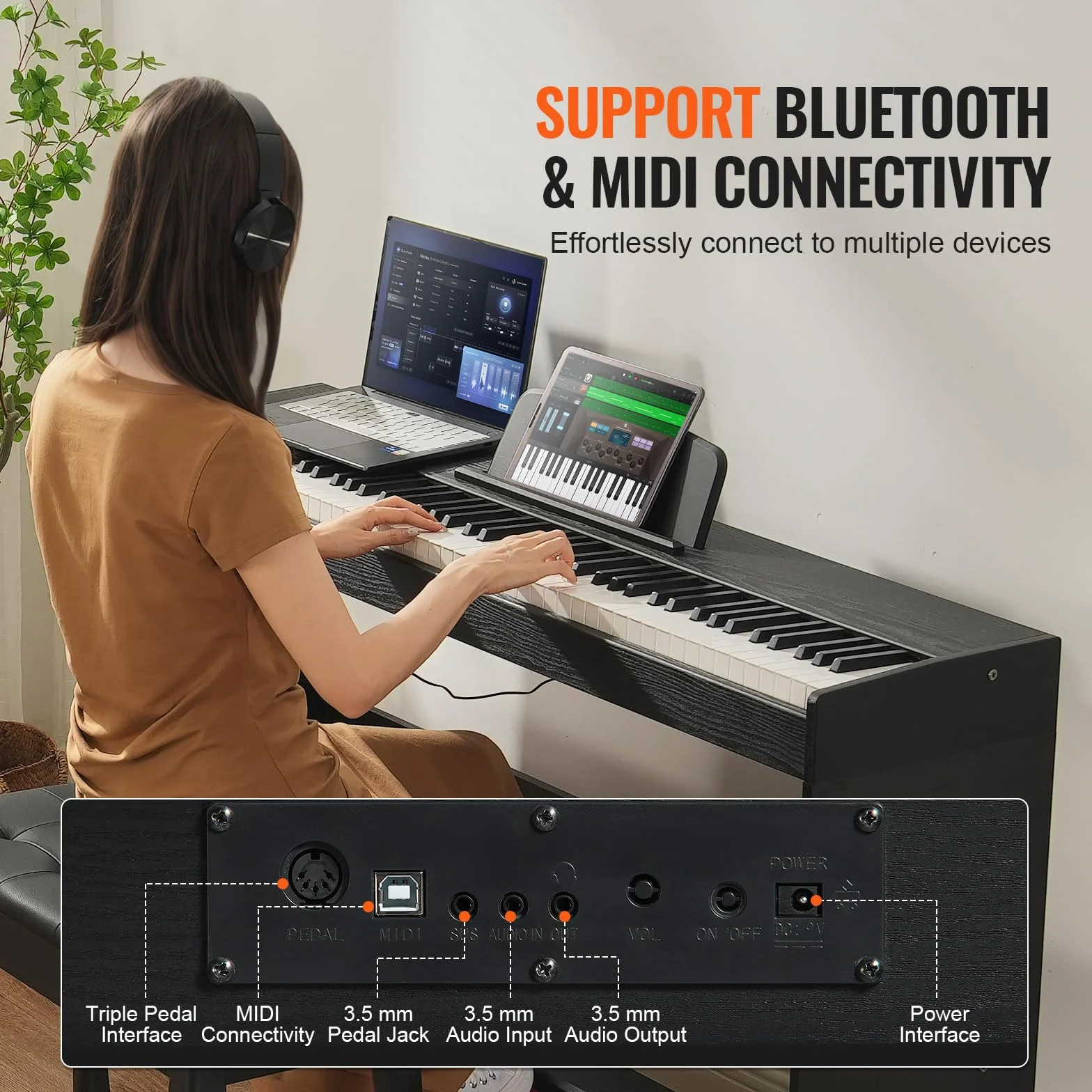 VEVOR Digitalpiano, 88 Tasten, Elektrisches Klaviere, Doppeltastatur und Lautsprecher, einfache Gehäusehalterung mit Kopfhörer, 200 Töne und Rhythmen, unterstützt Bluetooth/USB/MIDI, für Anfänger