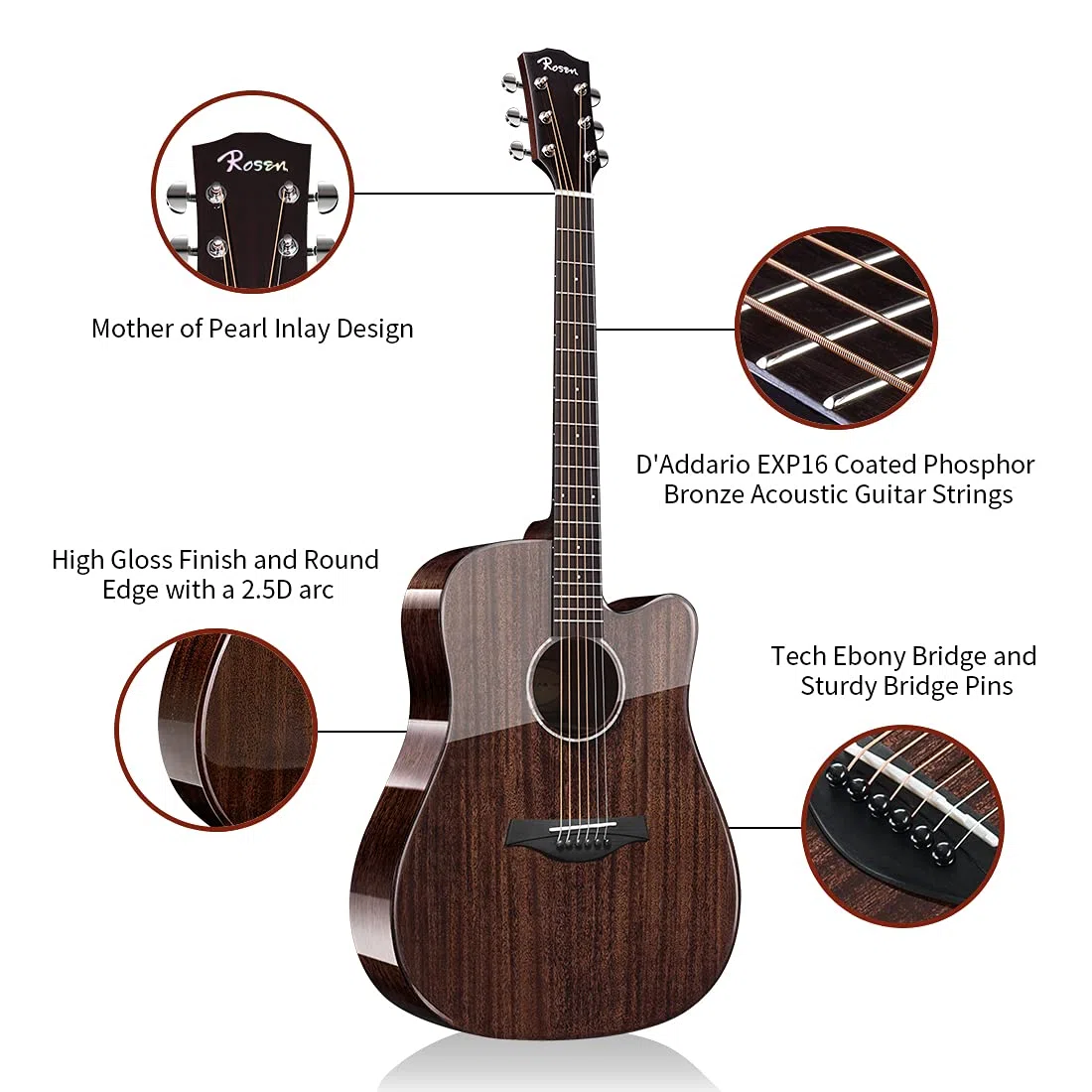Rosen G31 Dreadnought Akustikgitarre Black Solid Mahagoni Top 41 Zoll Guitarra Full Size Cutaway mit Gloss Finish Bundle Starter Kit mit Gig Bag, Stimmgerät, Saiten, Gurt und Plektren