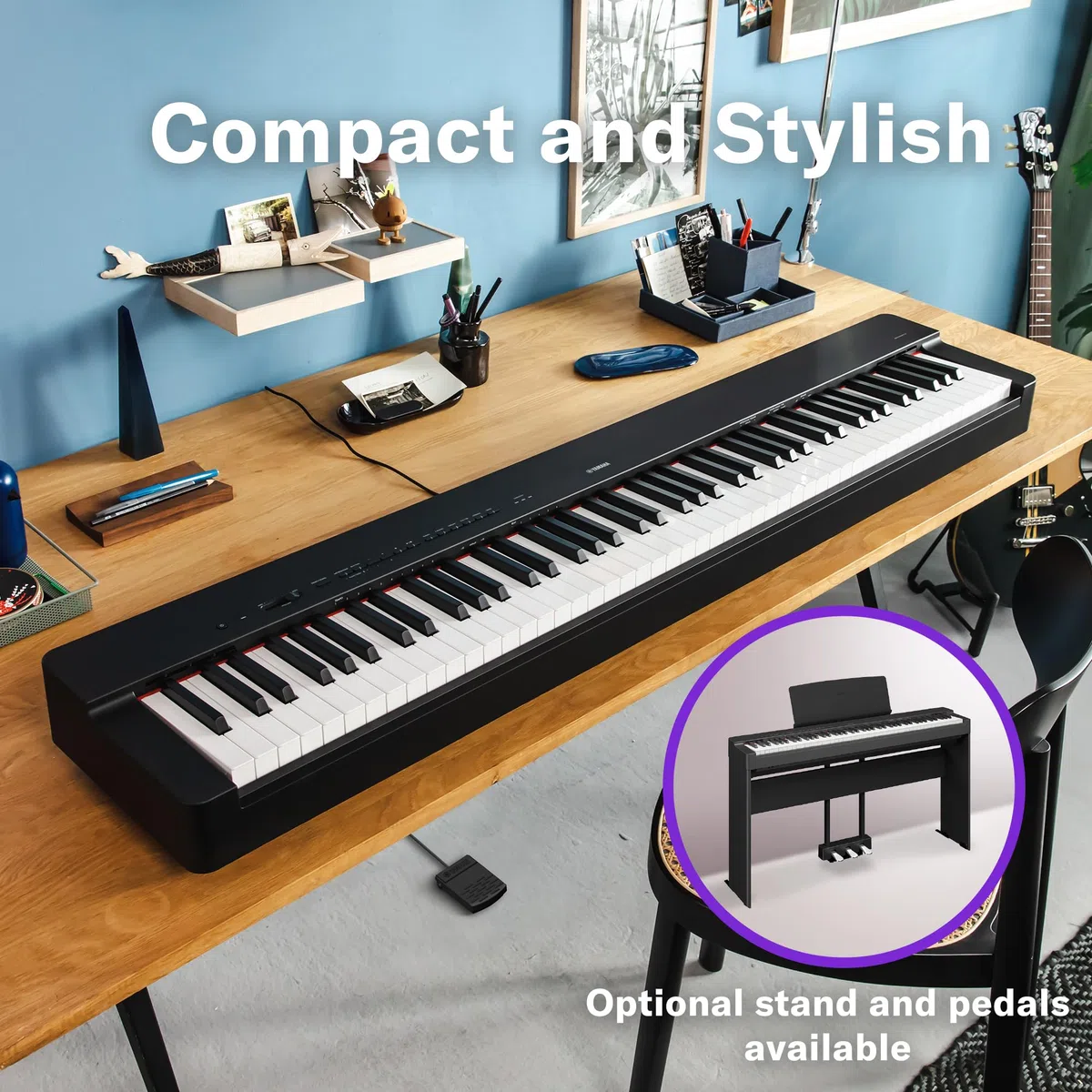 Yamaha P-225 Digital Piano, Schwarz & RockJam Double Braced Adjustable Keyboard Stand with Locking Straps