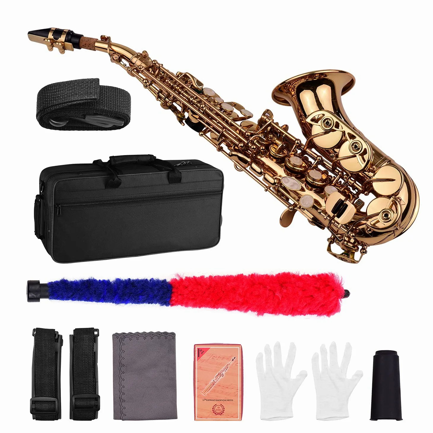Mini-Bb-Sopransaxophon, Saxophon, Messingmaterial, Goldlack-Oberfläche, Holzblasinstrument mit Tragetasche, Handschuhe, Reinigungstuch, Bürste, Blätter, Saxophongurt,Bb Saxophon