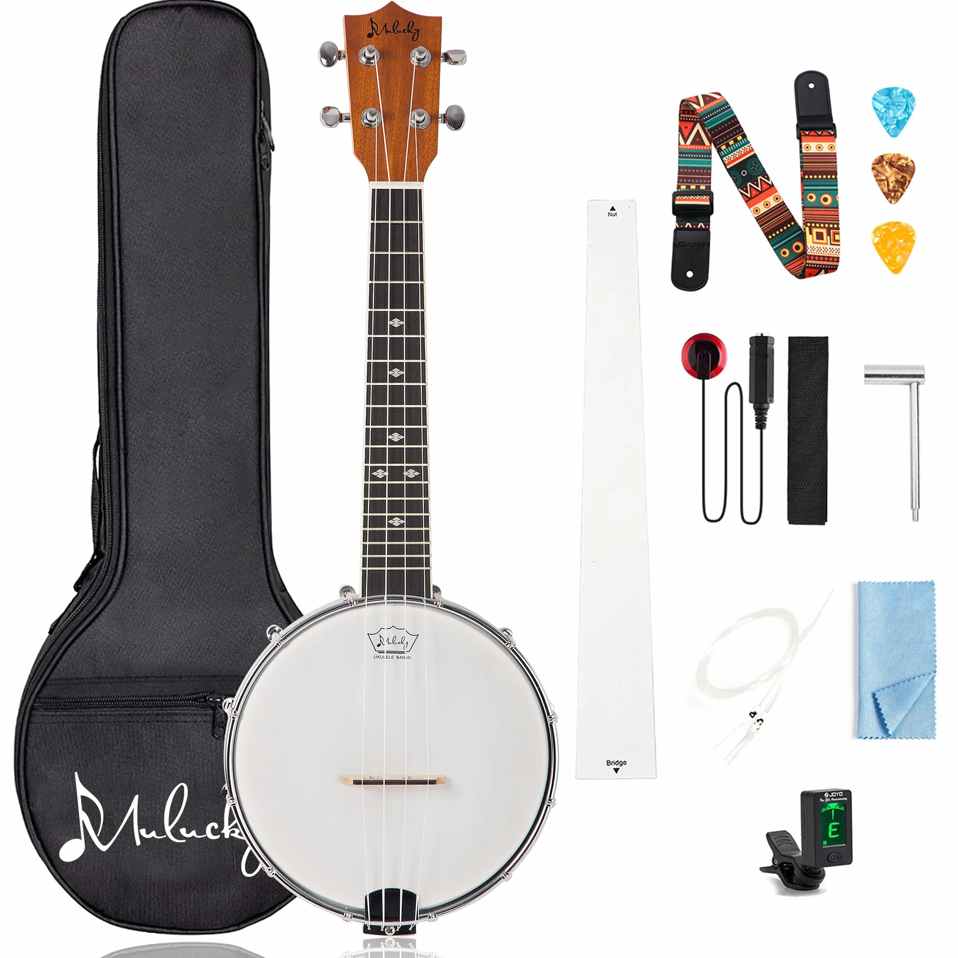 Banjolele, 4-saitig, Mulucky-Konzertgröße, 23 Zoll, Banjo-Ukulele, geschlossene Rückseite aus Massivholz, Anfänger-Set mit Halsstab, Gigbag, Stimmgerät, Saitengurt, Plektren – BU8017