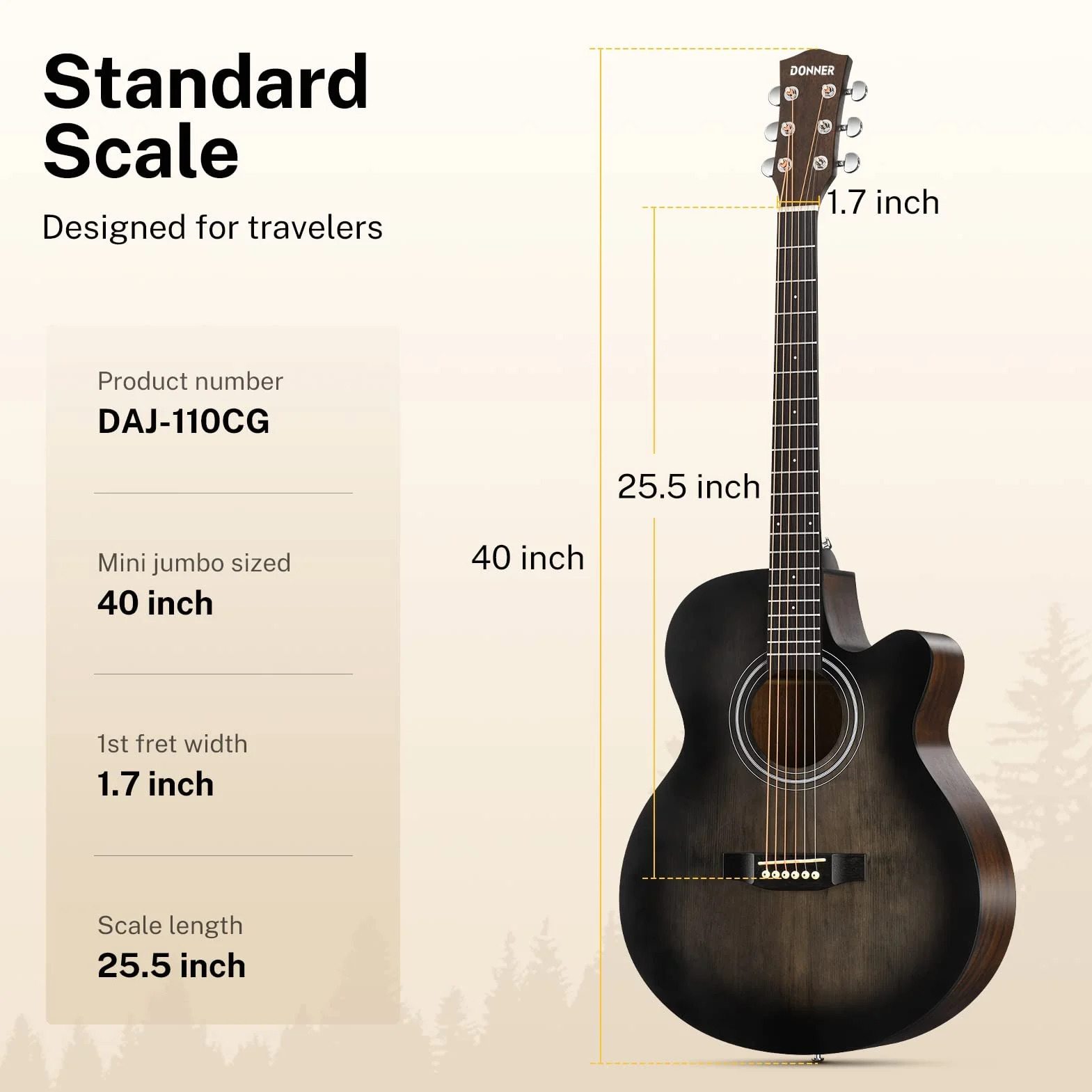 Donner Gitarre Akustik Anfänger Erwachsene Einsteiger Akustikgitarre 4/4 Mini Jumbo Cutaway Gitarren mit Tonabnehmer 6 Stahlsaiten Tasche Capo Plektren Gurt(Schwarz)