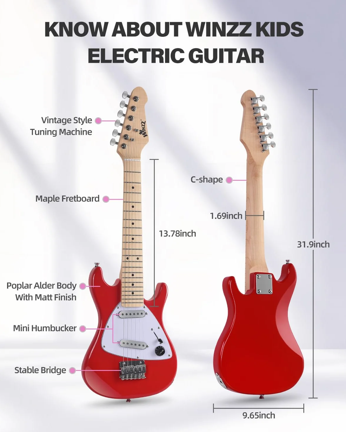 Winzz 30-Zoll-E-Gitarren-Einsteiger-Set für Kinder, Junior-E-Gitarre im Mini-Format (1/4 Größe) für Kinder, Komplettset für Einsteiger mit Verstärker, Glänzende Rote Farbe