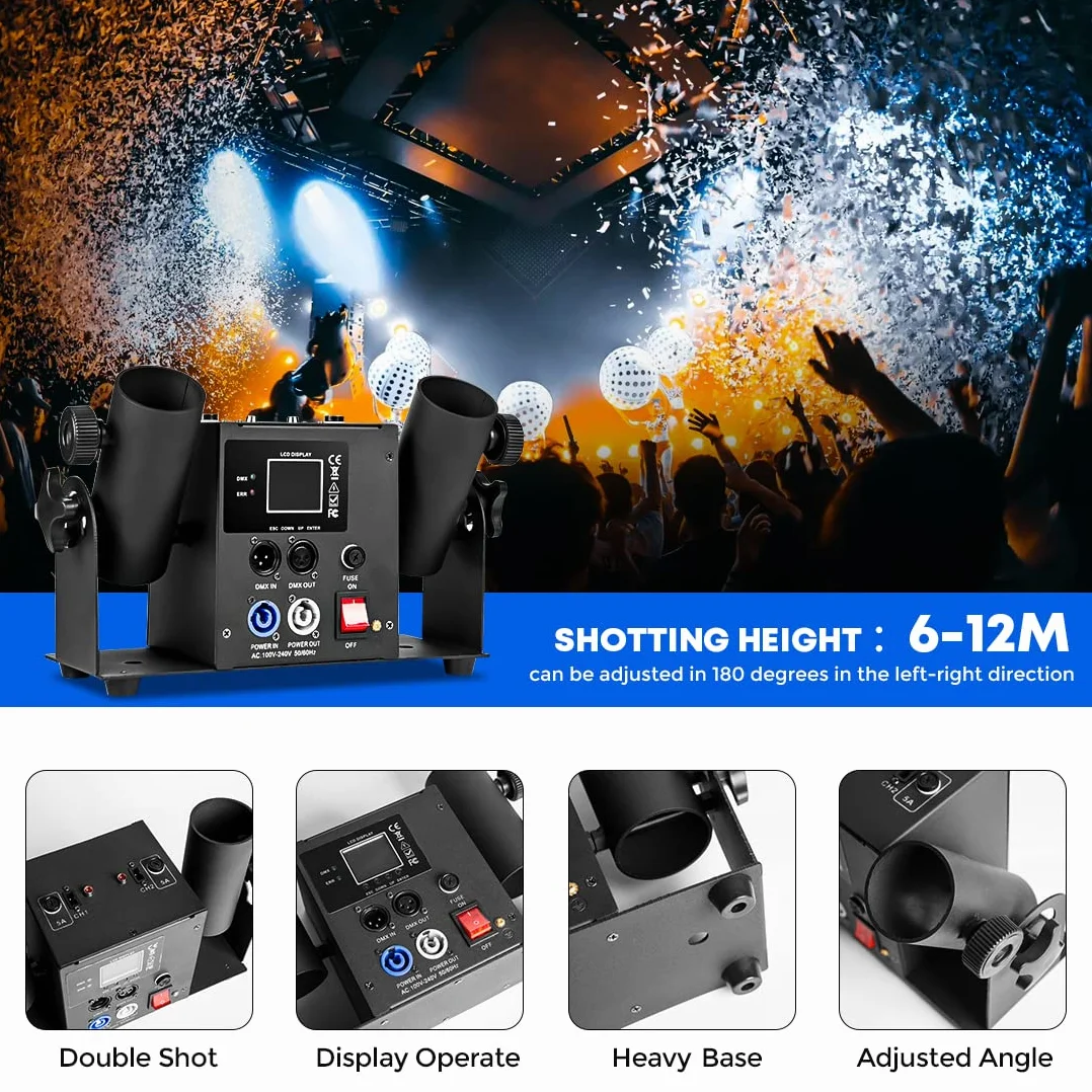 2 Kopf Konfettimaschine, Konfetti Gebläse Maschine, Double Shot Streamer Launcher Elektrischer Konfettiblaster, DMX Fernsteuerung(2 Stück)