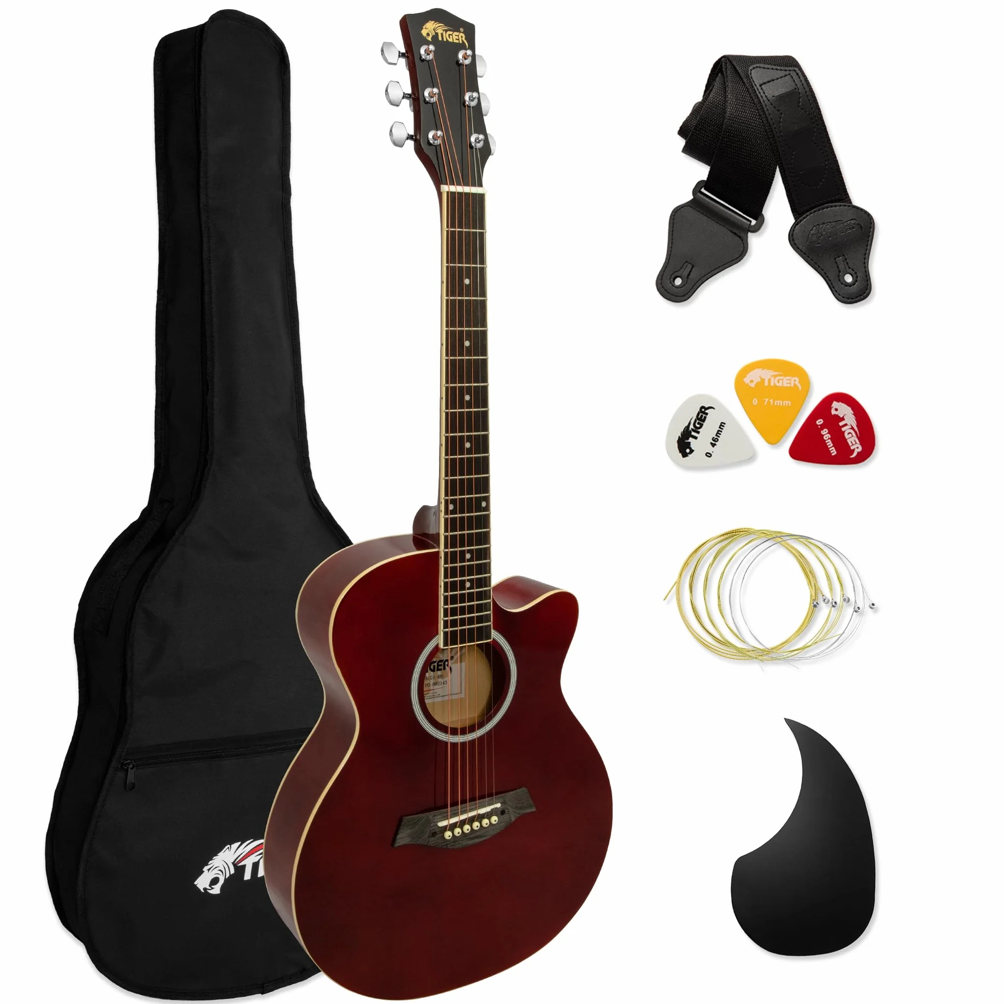 TIGER ACG1-RD34 3/4 Akustikgitarre mit Stahlsaiten bespannte Small Body Akustikgitarre für Personen ab 9 Jahren mit Tasche Gurt Ersatzsaiten und Plektren - Rot