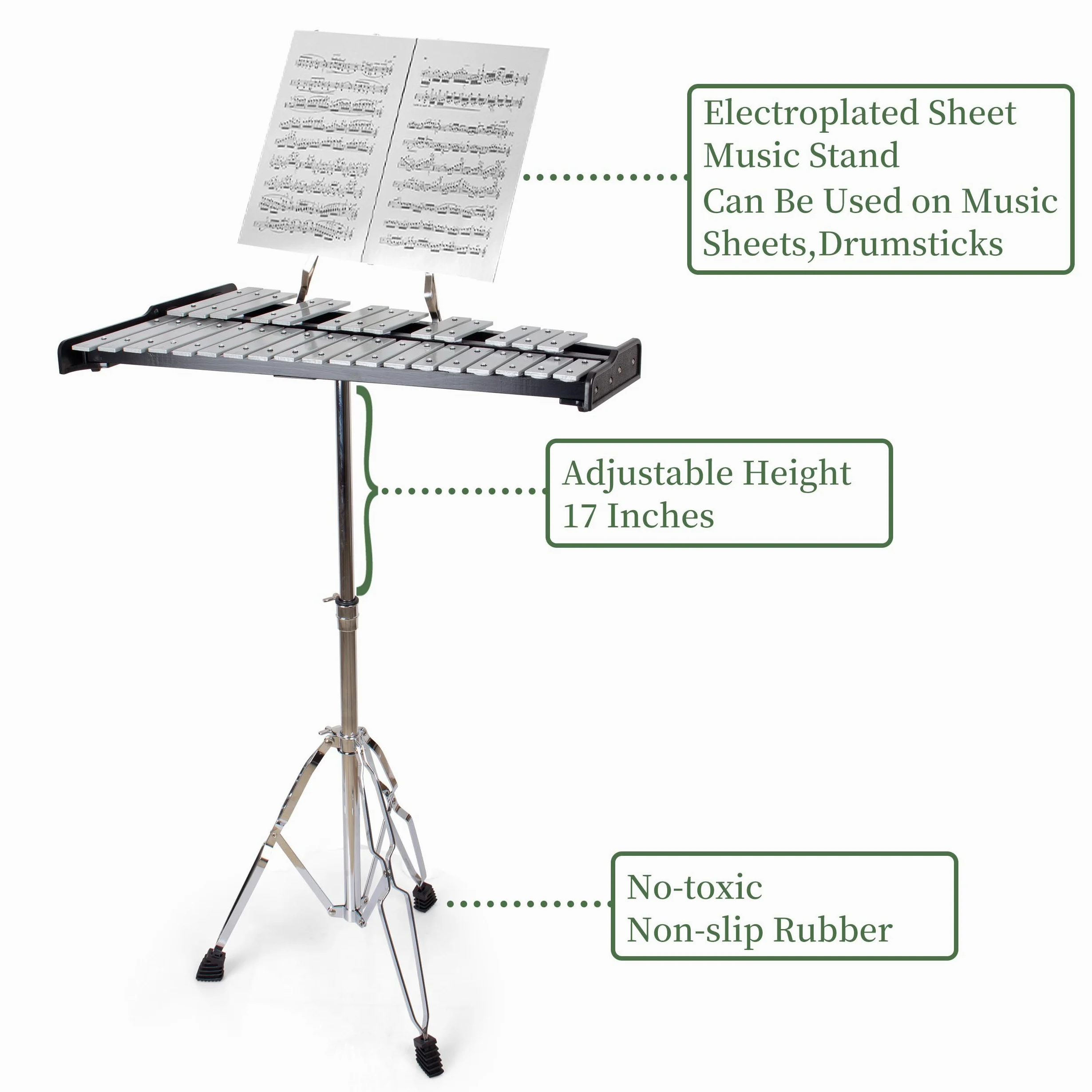 Glockenspiel 32 Tönen Xylophon Handpercussion Holzrahmen Aluminium Xylophone Percussion Kit Glockenspiel Set mit Höhenverstellbarem Ständer, Gedämpftes Übungspad, 3 Paar Schlägel, Tragetasche