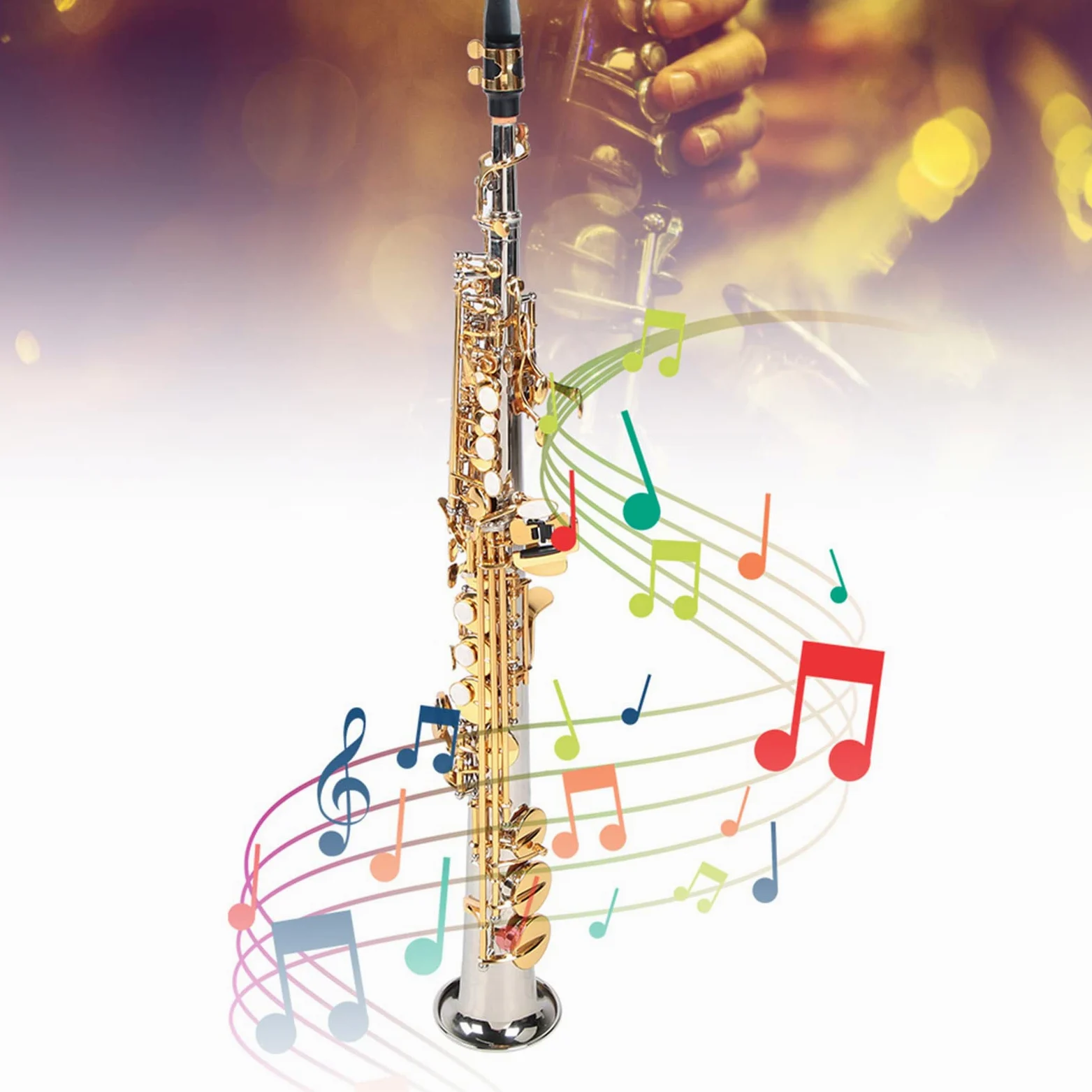 Oumefar-Saxophon aus Messing, 64 X 24 X 16, Professionelles Sopran-Saxophon aus Messing, Gerades Saxophon mit Versilbertem Rohr und Goldenen Tasten, mit Tragetasche