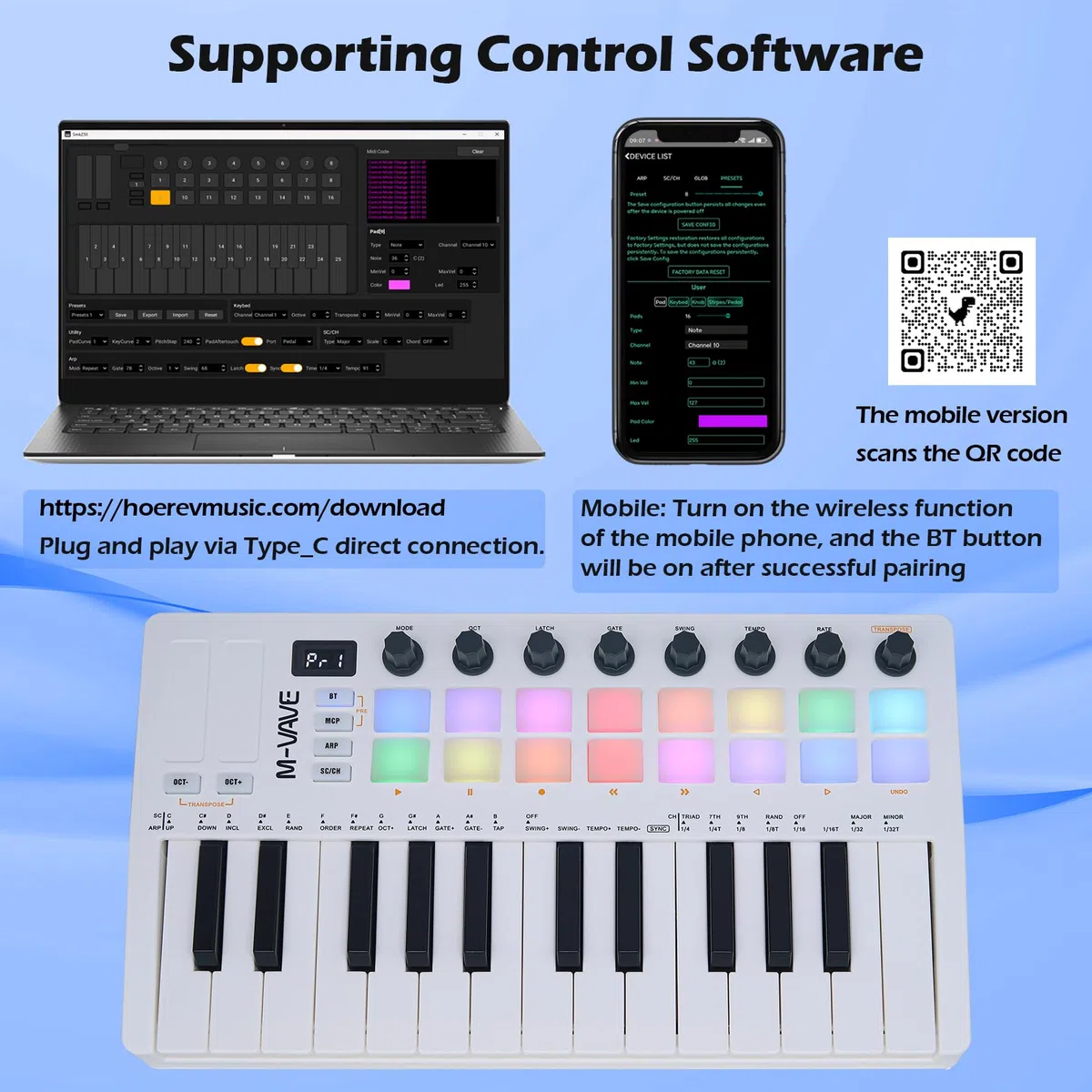 M-VAVE 25 Tasten 16 Backlit Drum Pads MIDI Keyboard - Professioneller Beat Maker und Keytar für Keyboard Musikproduktion Builtin Battery Wireless Connect Weiß