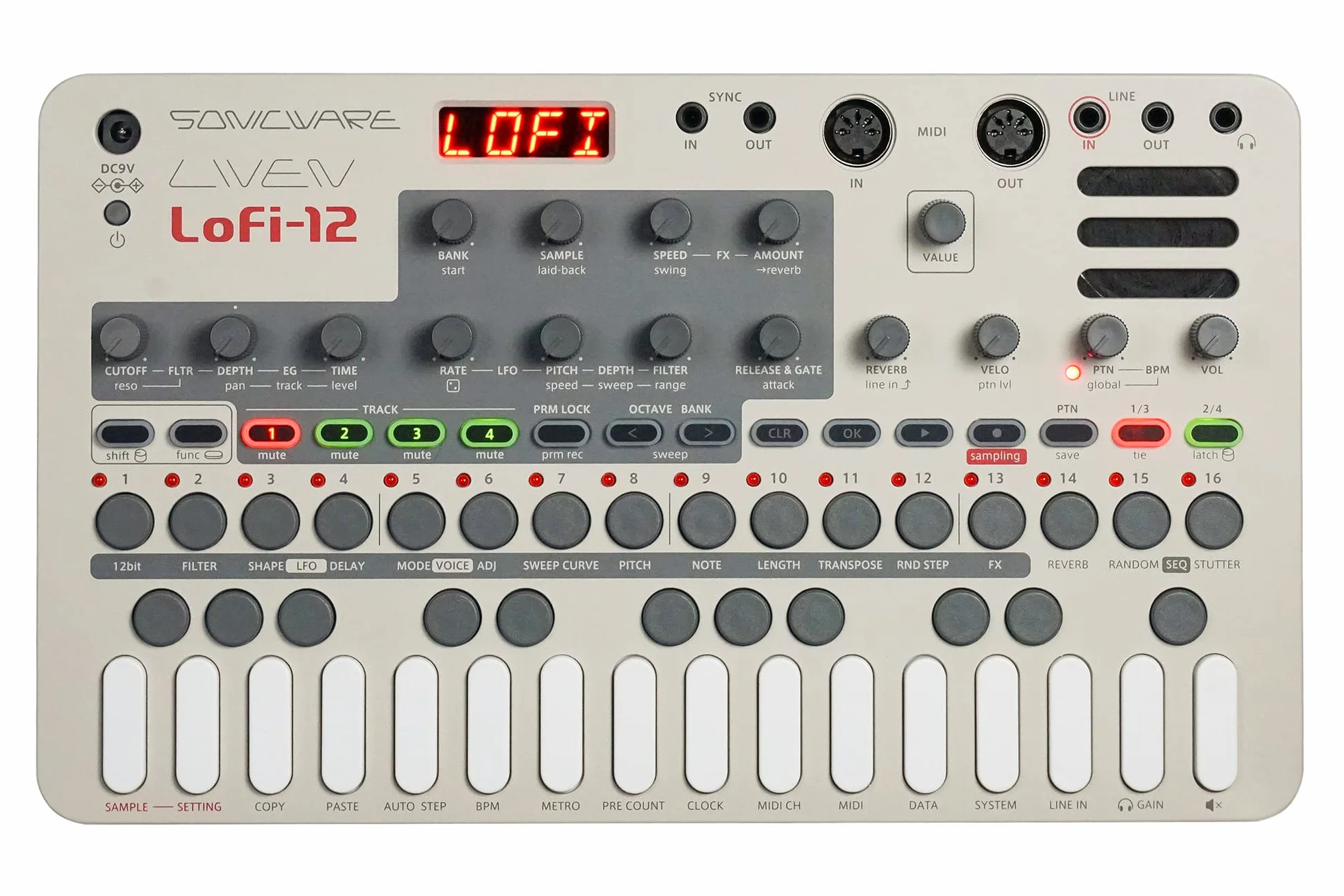 Sonicware LIVEN Lofi-12 [Lo-fi Groovebox & Sampler] Retro-Sampling mit 12bit Sampler-Modus, 4-Spur Step-Sequenzer, 10 Stimmen, 12 Spur-Effekte + 9 Master-Effekt