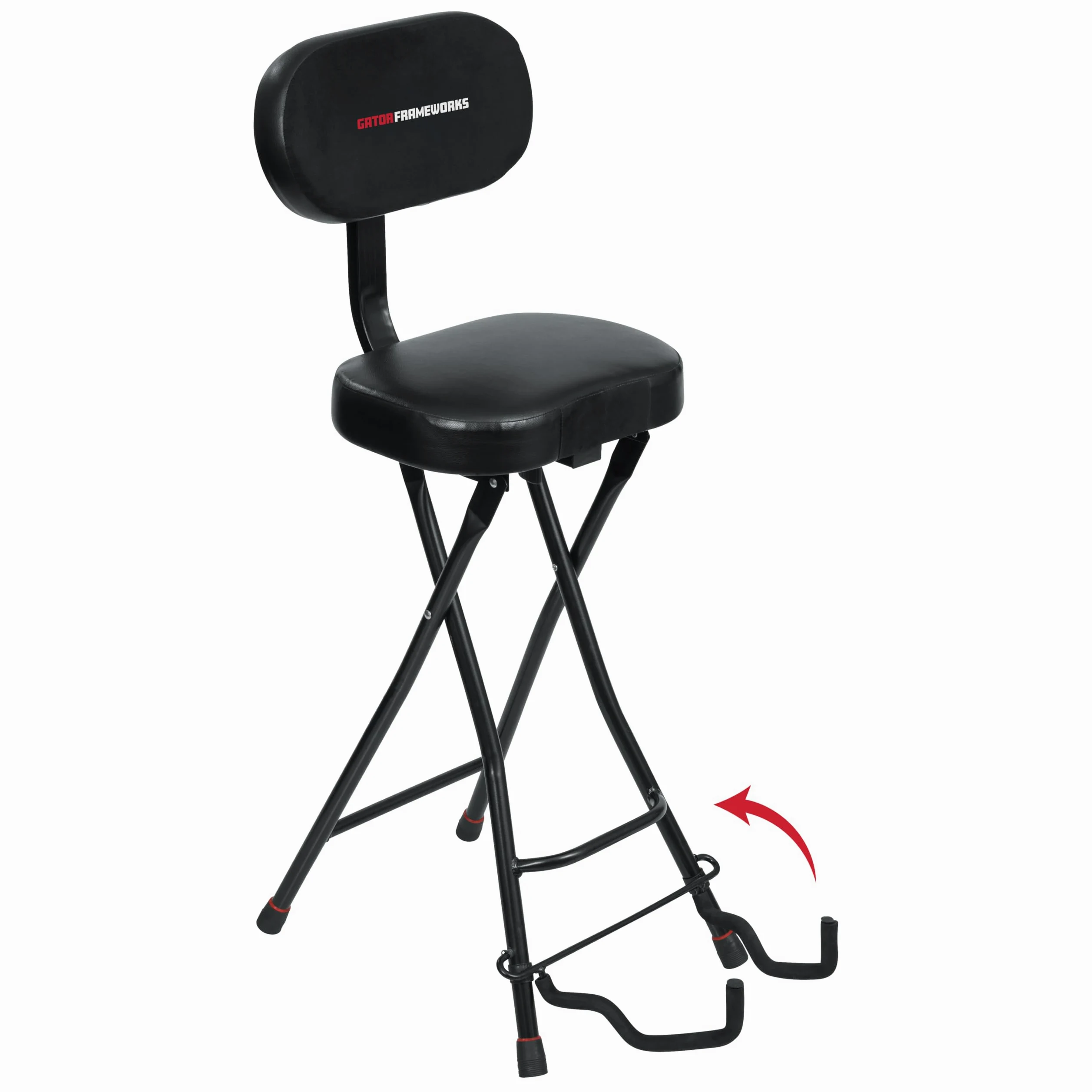 Gator Frameworks Gitarrensitz mit gepolstertem Kissen, ergonomischer Rückenlehne und ausklappbarem Gitarrenständer; geeignet für Akustik- und E-Gitarren (GFW-GTR-SEAT)