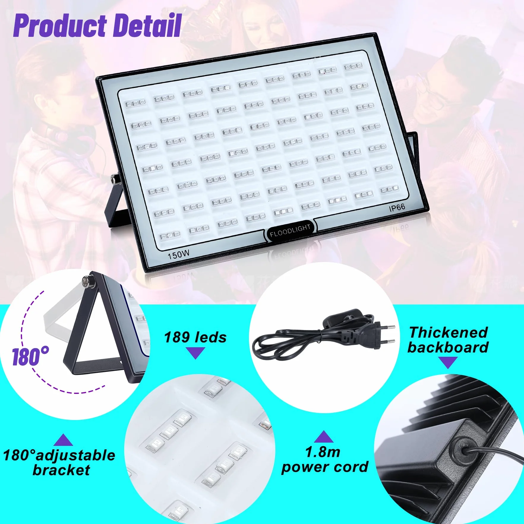 4 Stück 150W UV Schwarzlicht LED Strahler IP66 Wasserdichte Blacklight für Party Halloween Deko