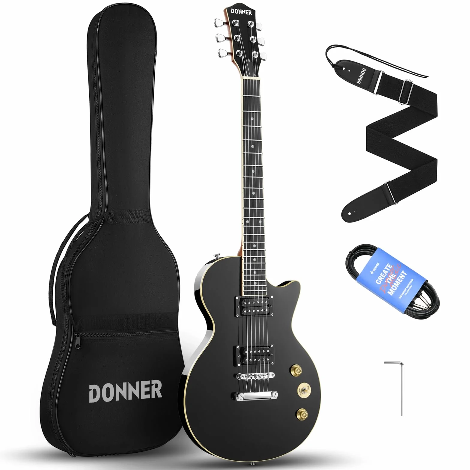Donner E-Gitarre Set E Gitarren LP-Stil 39 Zoll Voller Größe mit Tasche, Gurt, Kabel (Schwarz)