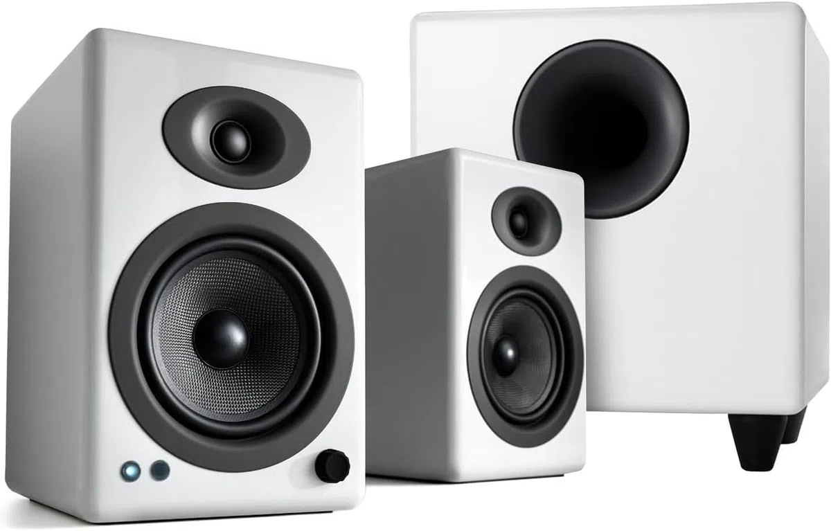 Audioengine A5+ Wireless White Powered Bookshelf Speakers (150W) + S8 250W Subwoofer Bundle – Premium Home Audio System for Turntables, TV, PC, Gaming & Music