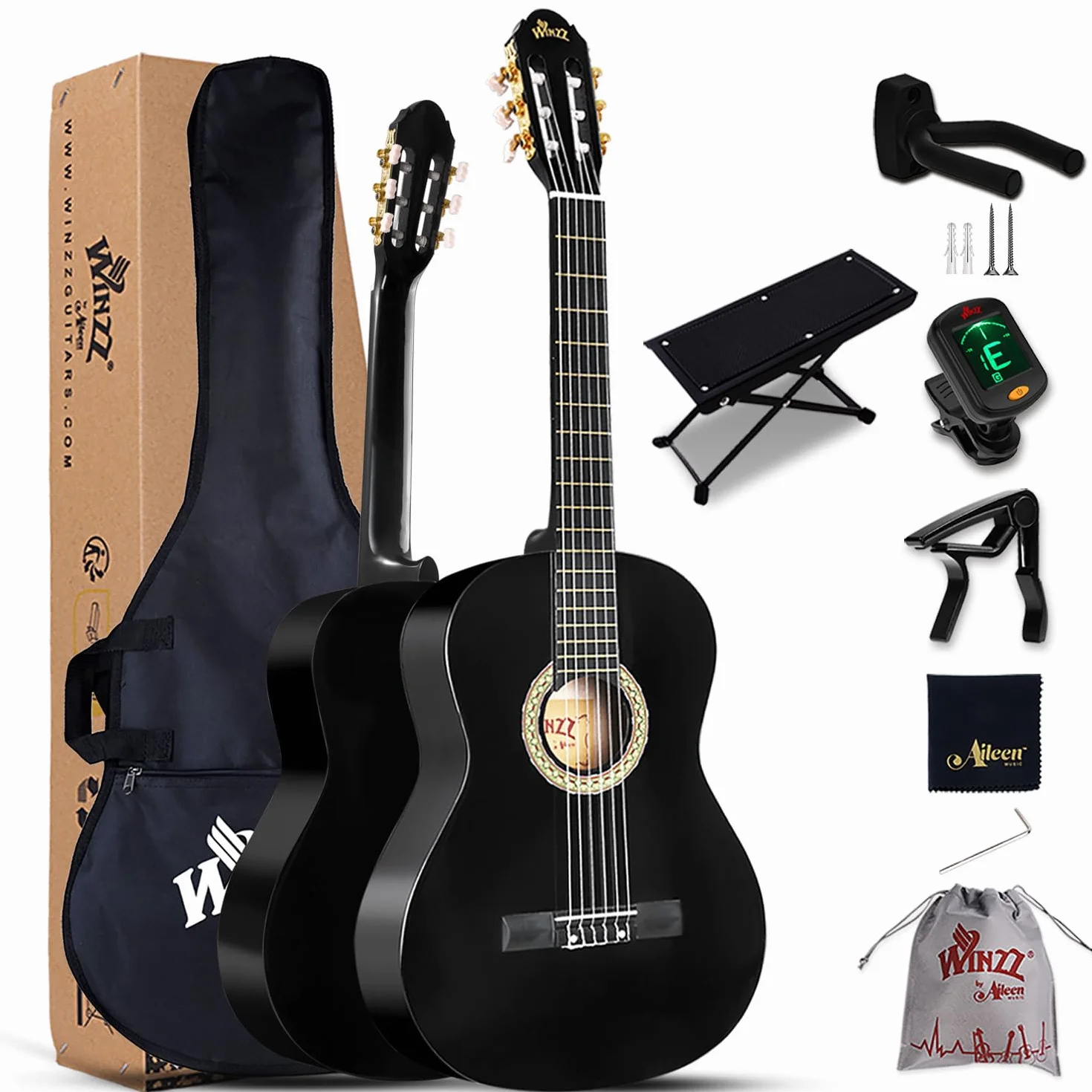Winzz Konzertgitarre 4/4 Erwachsene, Klassische Gitarre Anfänger Set für Kinder ab 11+ Jahre - Schwarz Glänzend (39 Zoll)