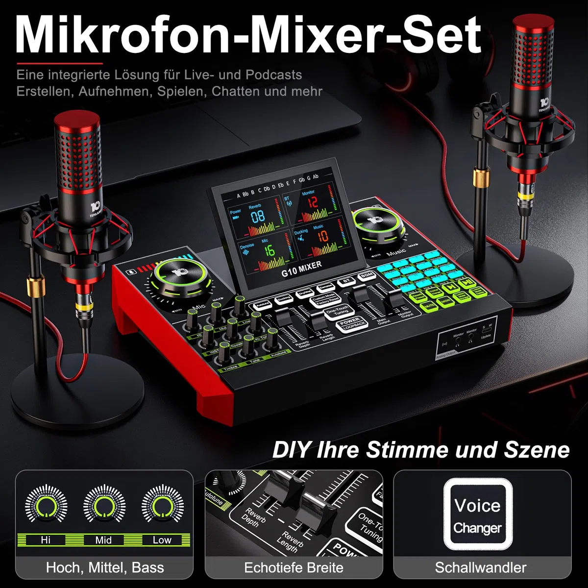 G10 Podcast Mikrofon Set mit 2 Mikrofonen, Audio Interface | Podcast Equipment Bundle mit G10 Audio Interface, Dual-Mikrofon Setup & DSP Rauschunterdrückung für Podcasts und Streaming