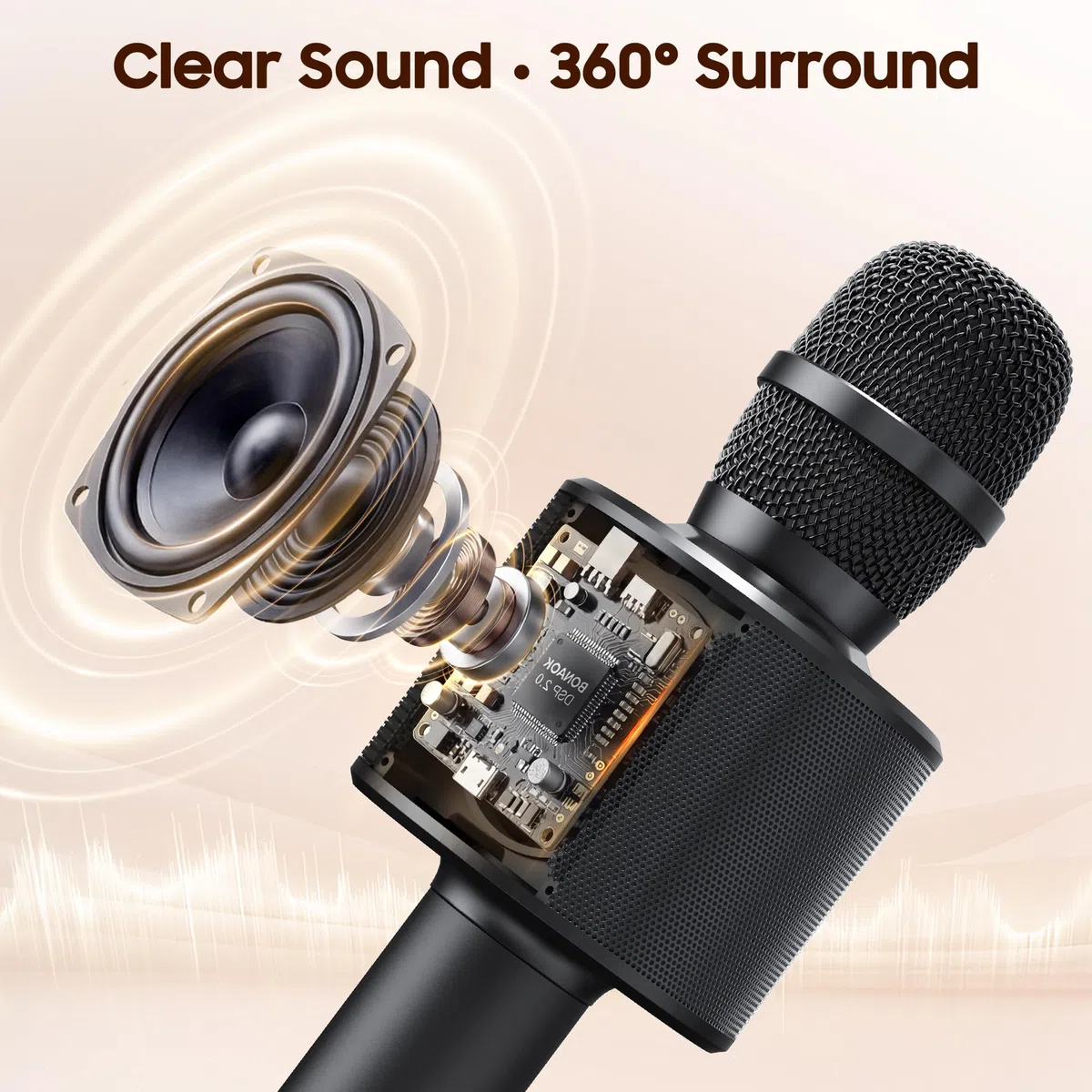 BONAOK Bluetooth Karaoke Mikrofon Erwachsene, Tragbares 3 in 1 Karaoke Mic, Handmikrofon für iPhone Android PC Smartphone (Schwarz)