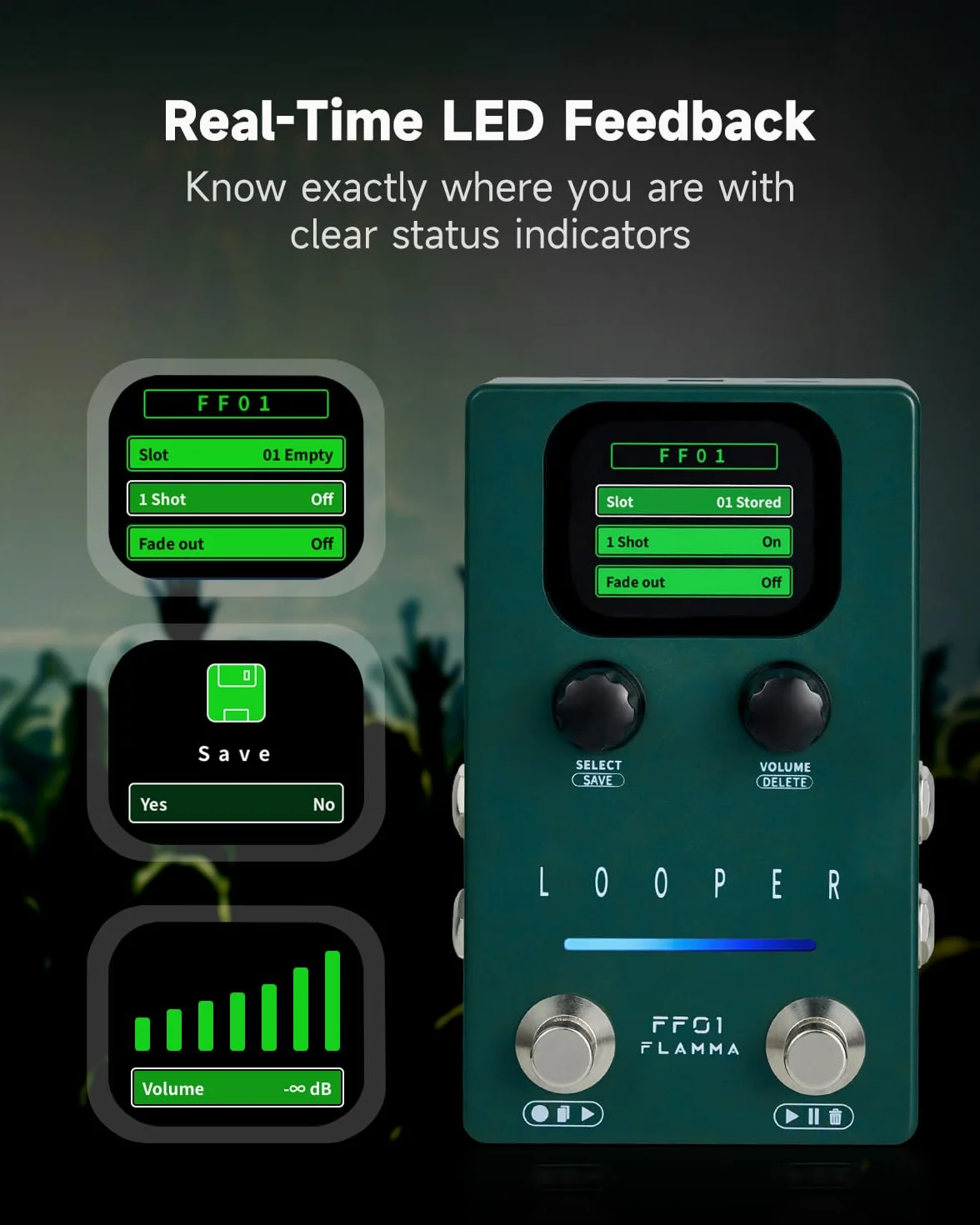 FLAMMA Gitarren-Loop-Pedal, FF01 mit 40 Steckplätzen und 160 Minuten Aufnahme, Stereo-Loop-Pedal mit Display für E-Gitarre/Bass, Fading-Funktion, USB-Datenverwaltung