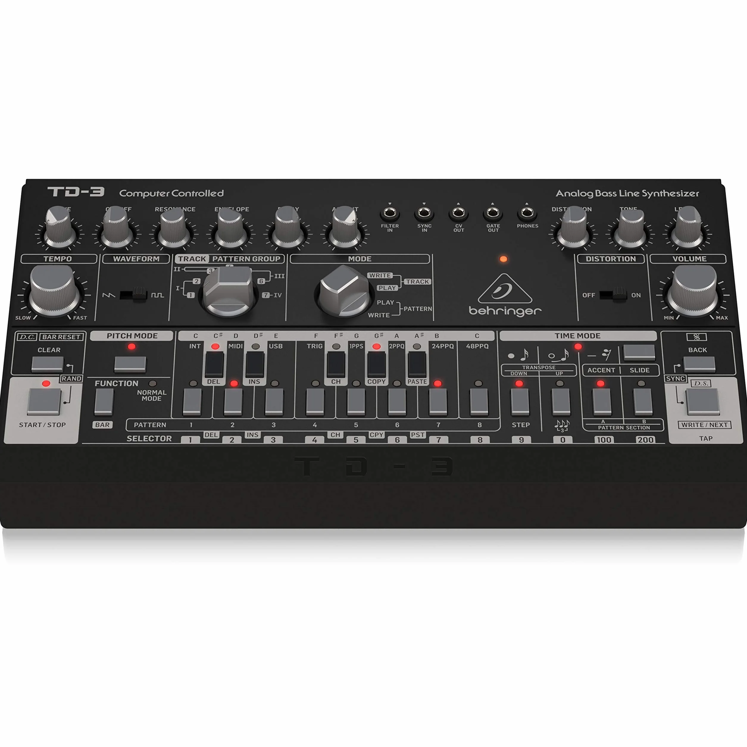 Behringer TD-3-BK Analoger Bass-Line-Synthesizer mit VCO, VCF, 16-stufigem Sequenzer, Verzerrungseffekten und 16-stimmiger Polykette