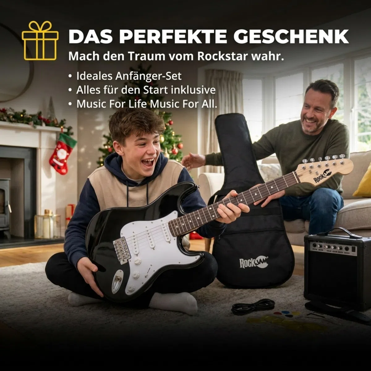 RockJam E-Gitarren-Set volle Größe für Anfänger, Schwarz, 6 Saiten mit 10-W-Verstärker, Tasche, Gurt, Kabel, Plektren und Tremolo