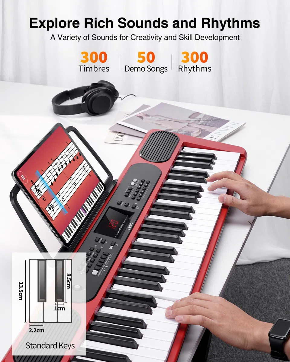 LEKATO Keyboard Piano 61 Tasten Elektronisches Keyboard für Einsteiger Beleuchtete Tasten LED-Anzeige Rot