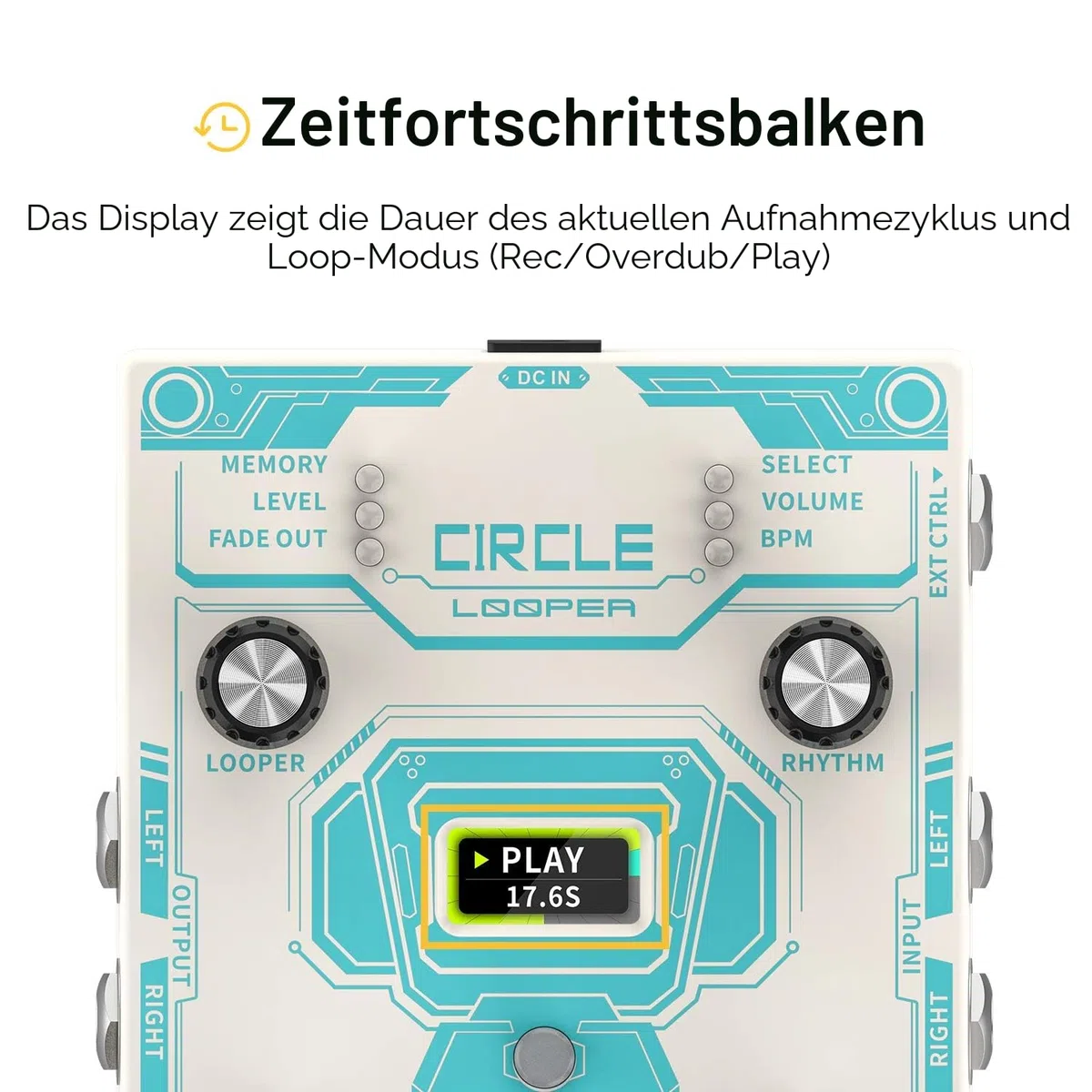 Donner Circle Looper Record Gitarren Effektpedal mit Time Progress Bar Display Loop Pedal Max. 4min Aufnahmezeit für jede Schleife, 160 Minuten Gesamtaufnahmekapazität, Unbegrenzt Overdubbing