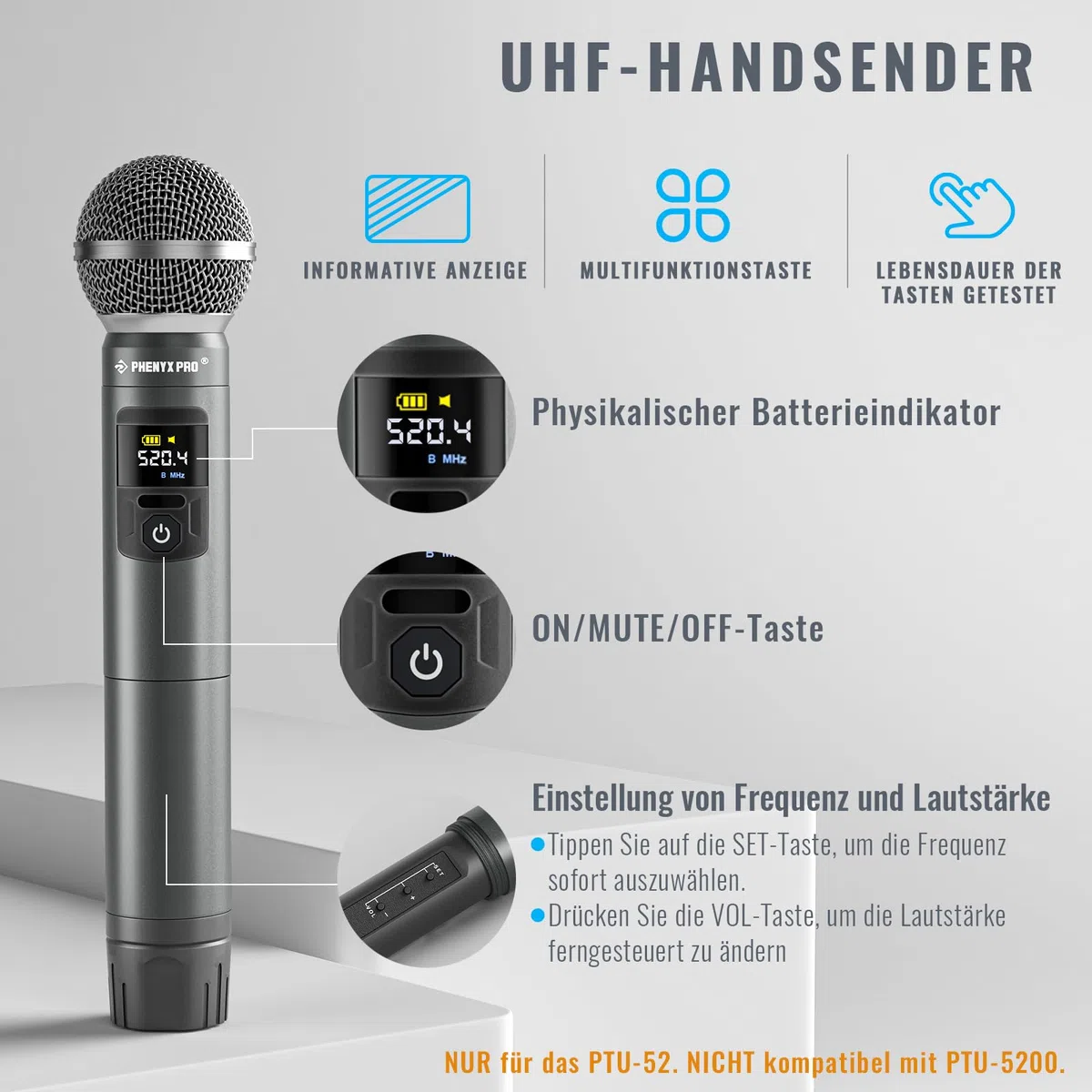 Phenyx Pro Kabelloses Mikrofon-Set mit Handmikrofon/Bodypack/Headset/Lavalier-Mikrofonen, 2x30 UHF-Frequenzen, ideal für Gesang, Karaoke, Kirche, DJ (PTU-52B)