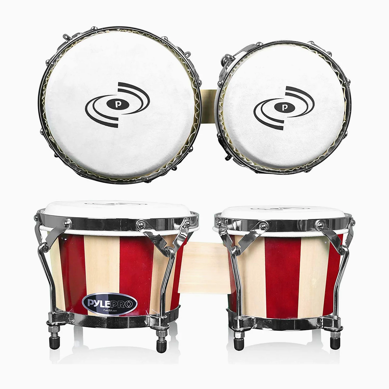 Pyle Bongo Trommel, Handtrommel, Bongo-Set 6.5”&7.5”/16.5cm&19cm, Handtrommel für Erwachsene, Anfänger & Profis, Hand Drum, Bongos, Schlagzeug- aus Holz, Stimbar, Leicht & Hochwertig