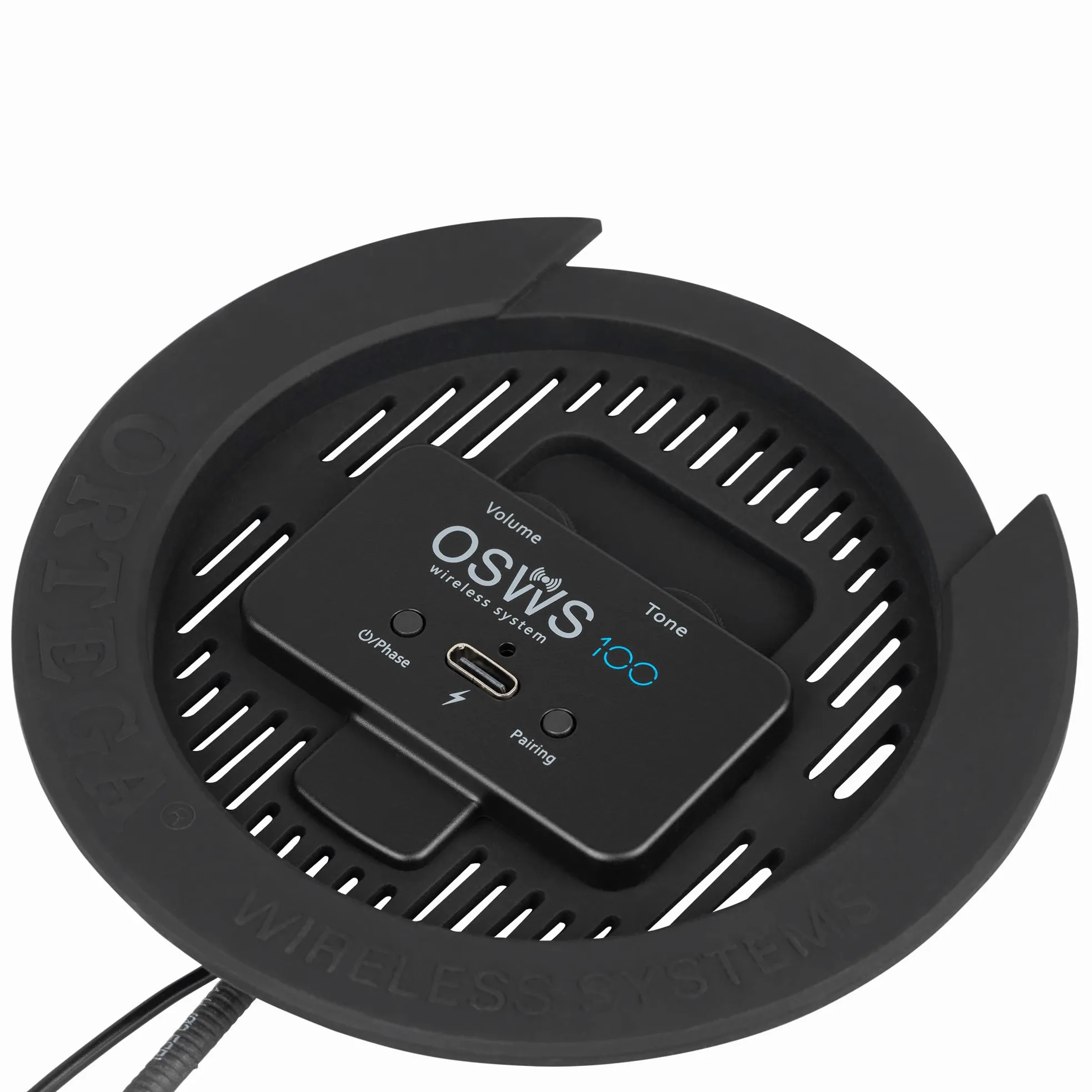 Ortega Guitars Wireless System Pickup – Tonabnehmer für Gitarren mit 100 mm Schallloch – Wiederaufladbar – Schwarz (OSWS100)