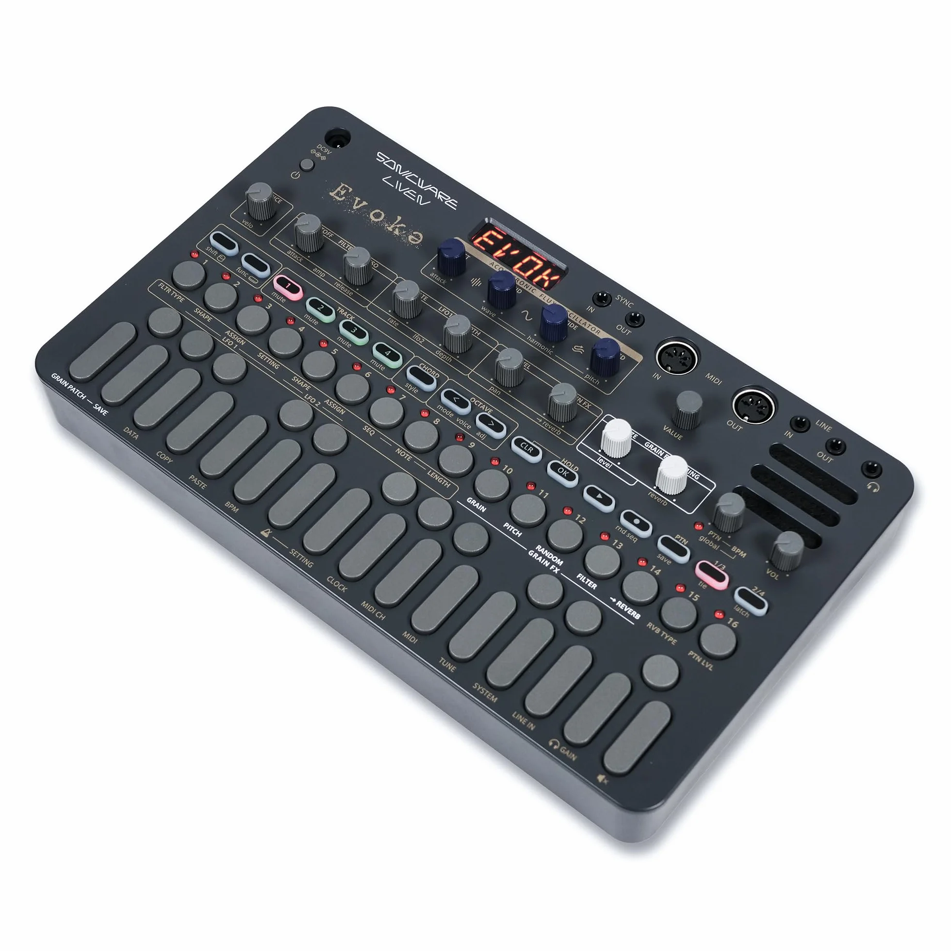 Sonicware LIVEN Evoke Acoustronic Ambient Synthesizer 34 Instrumente Granular Grain FX Flux Oscillator 10 Reverbs 6 Effekte 4-Spur-Sequencer Chord Arpeggiator