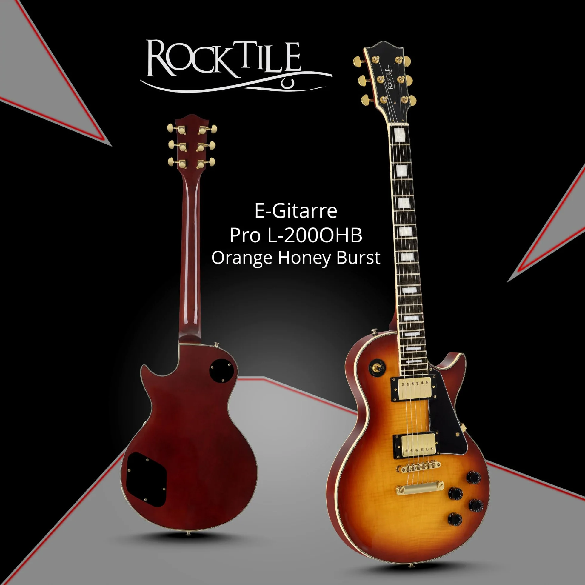 Rocktile Pro L-200OHB E-Gitarre Orange Honey Burst mit Zubehör (Gitarren Gigbag Tasche, Kabel, Plektren, Gitarren Schule mit CD & DVD, Gitarrensaiten)