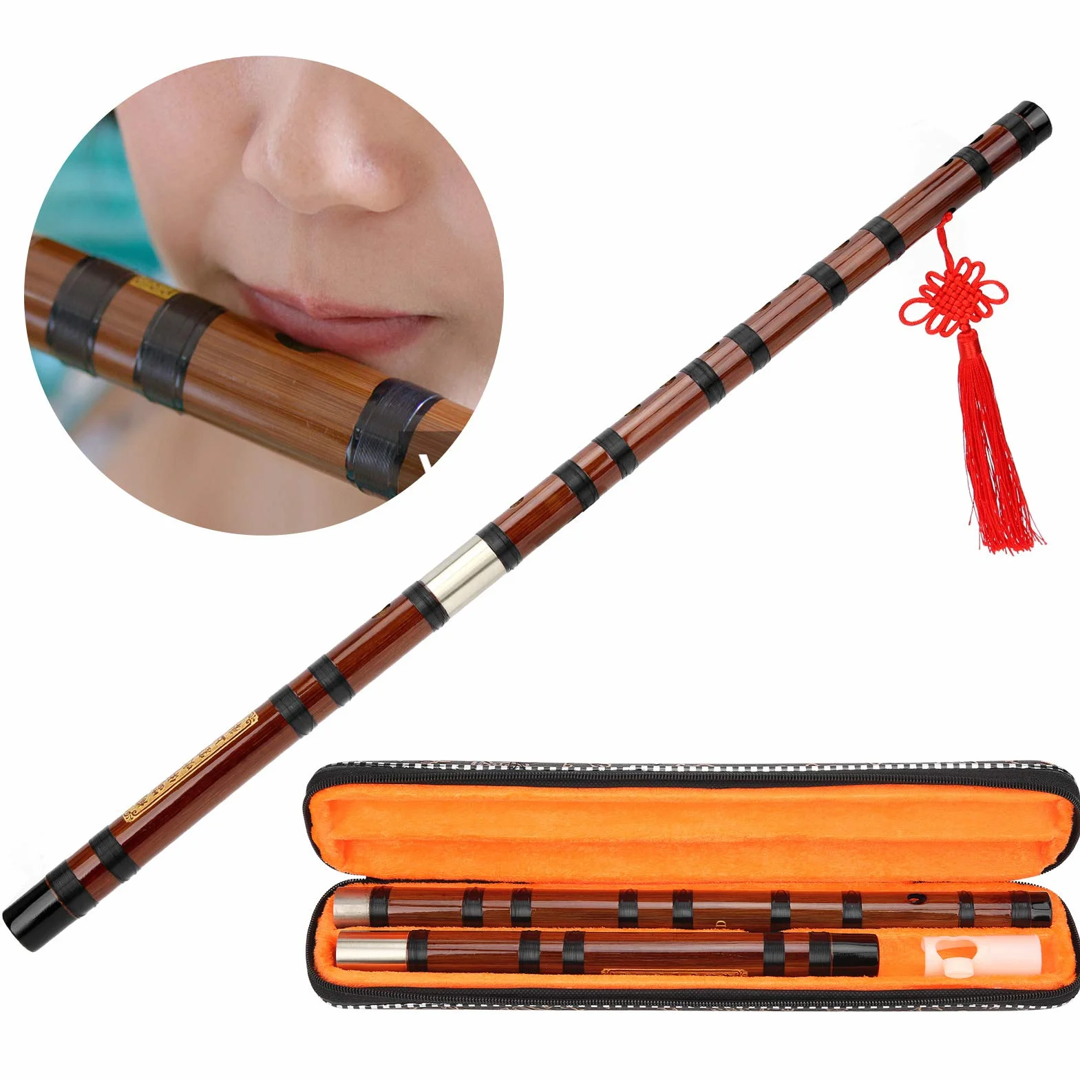 Walfront Bambusflöte D-Key Dizi Bitter Bambusflöte für Anfänger mit Schriftzug Körper 8 Jahre Trockenmaterial Dizi Kit Chinesisches Musikinstrument
