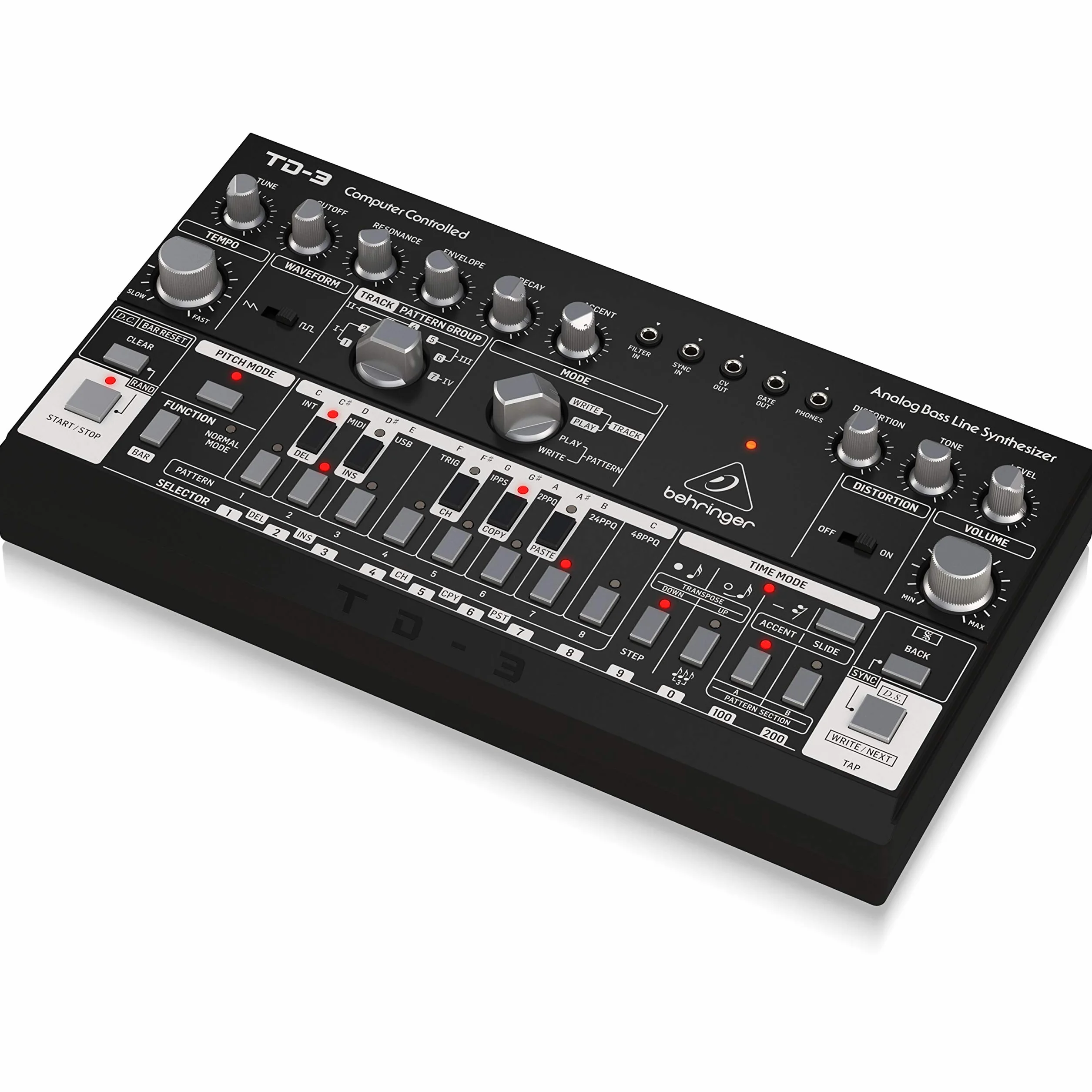 Behringer TD-3-BK Analoger Bass-Line-Synthesizer mit VCO, VCF, 16-stufigem Sequenzer, Verzerrungseffekten und 16-stimmiger Polykette