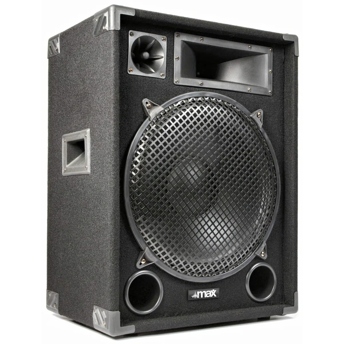 MAX MAX15 - Passiver Lautsprecher, 2er Set 1000 Watt mit je 15 Zoll Tieftöner, Partyboxen mit Griffe, Passive DJ Boxen Partylautsprecher, Disco Lautsprecherbox in Schwarz