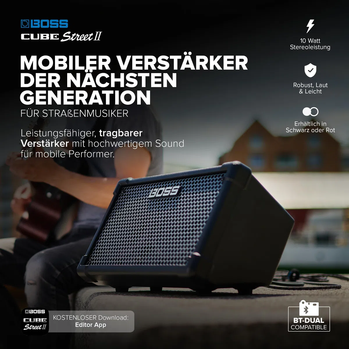BOSS Cube Street II | Tragbarer batteriebetriebener Stereoverstärker | Hochwertiger Sound | Perfekt für Straßenmusik | Anschluss von Mikrofonen, Instrumenten & Audiogeräten | Schwarz