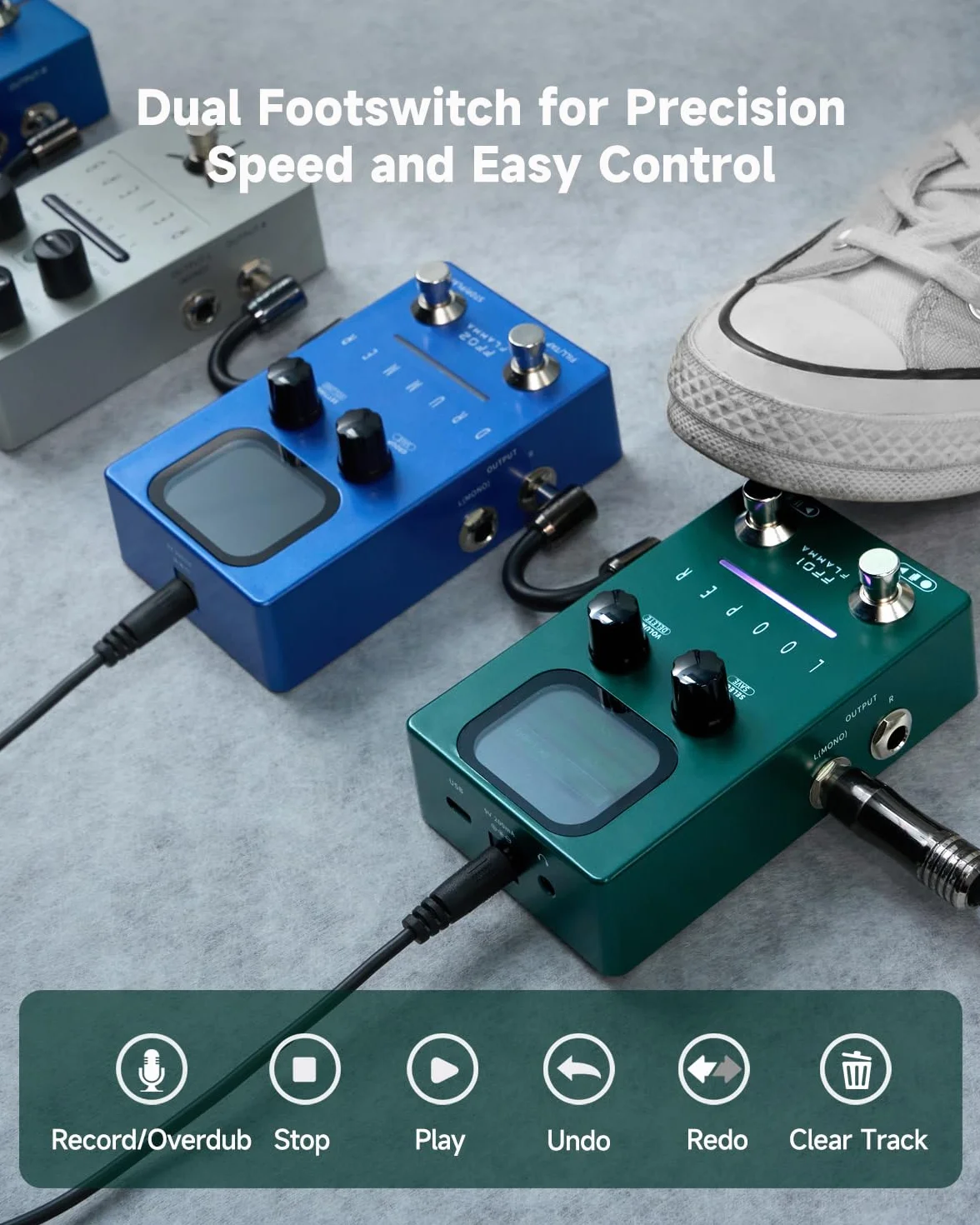 FLAMMA Gitarren-Loop-Pedal, FF01 mit 40 Steckplätzen und 160 Minuten Aufnahme, Stereo-Loop-Pedal mit Display für E-Gitarre/Bass, Fading-Funktion, USB-Datenverwaltung