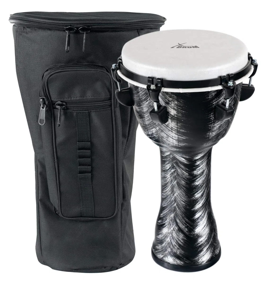 XDrum Djembe 10" Silver Brush Bag Set (aus PVC gefertigt, 6 Stimmschrauben, Kunststoff-Fell mit Natur-Optik, Höhe: 50cm, im Set inkl. passender Rucksacktasche für Transport und Aufbewahrung)