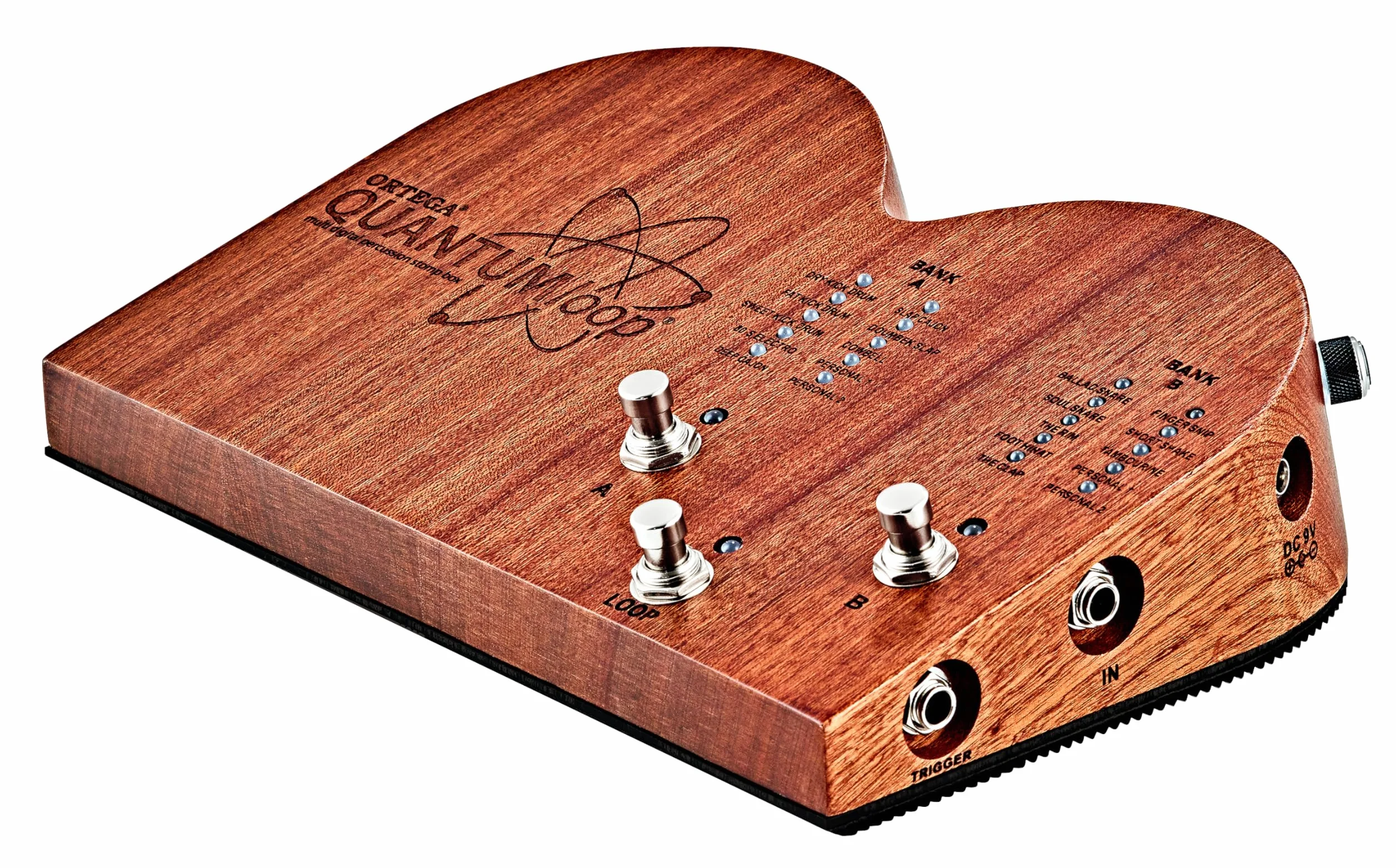 Ortega Guitars Digitale Stomp Box – Digitales Effektpedal und Looper – 16 Drum & Percussion Samples – Inklusive Netzteil – Mahagoni Holz, Natur (QUANTUMloop)