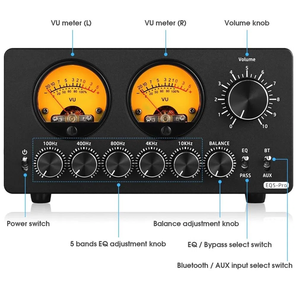 EQ5-PRO 5-Band EQ Equalizer mit BT-Empfänger, Stereo-Audio-Vorverstärker und VU-Meter, Metallgehäuse, Bluetooth 5.0, 100 Hz/400 Hz/800 Hz/4 kHz/10 kHz, Bypass-Modus, Balance-Regelu