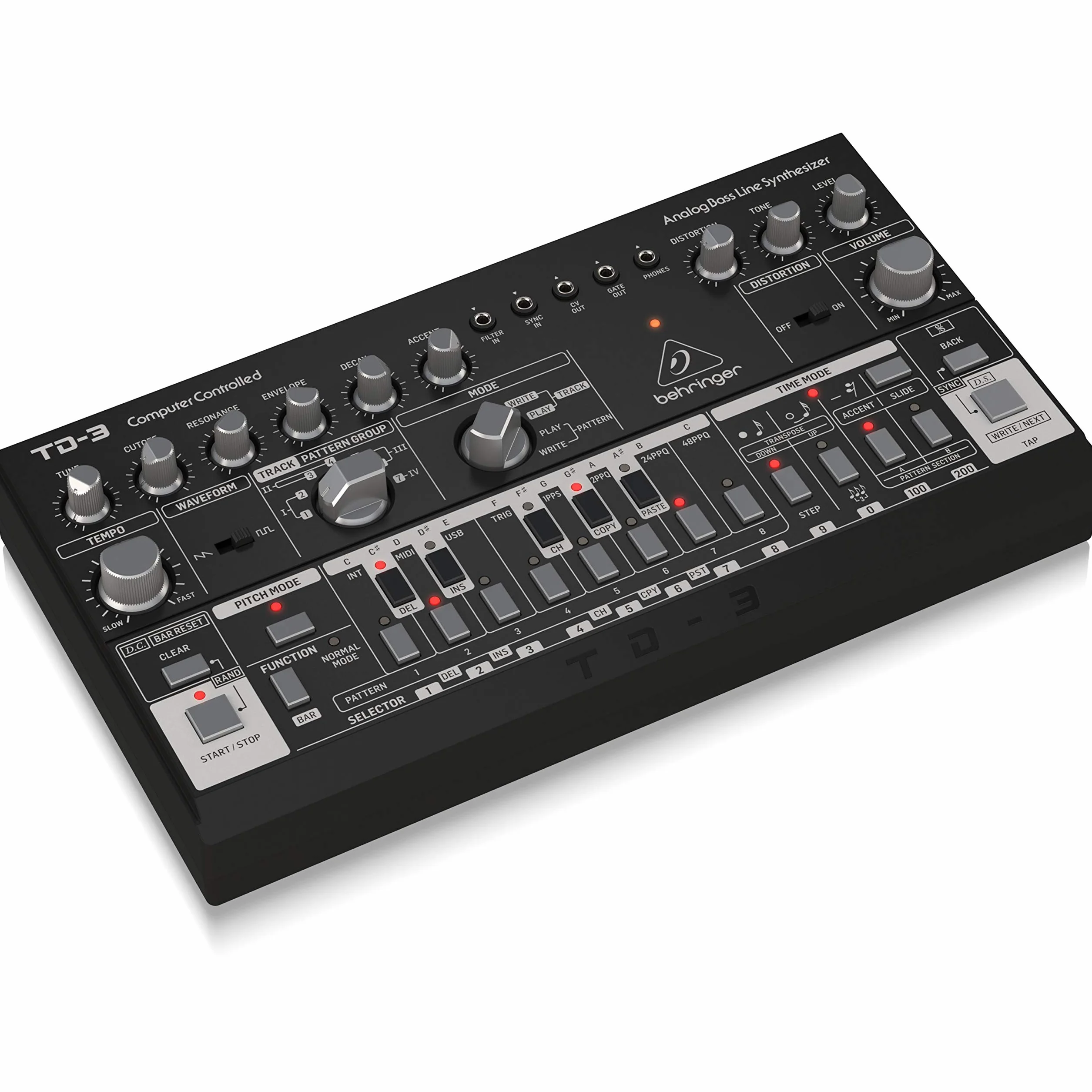 Behringer TD-3-BK Analoger Bass-Line-Synthesizer mit VCO, VCF, 16-stufigem Sequenzer, Verzerrungseffekten und 16-stimmiger Polykette