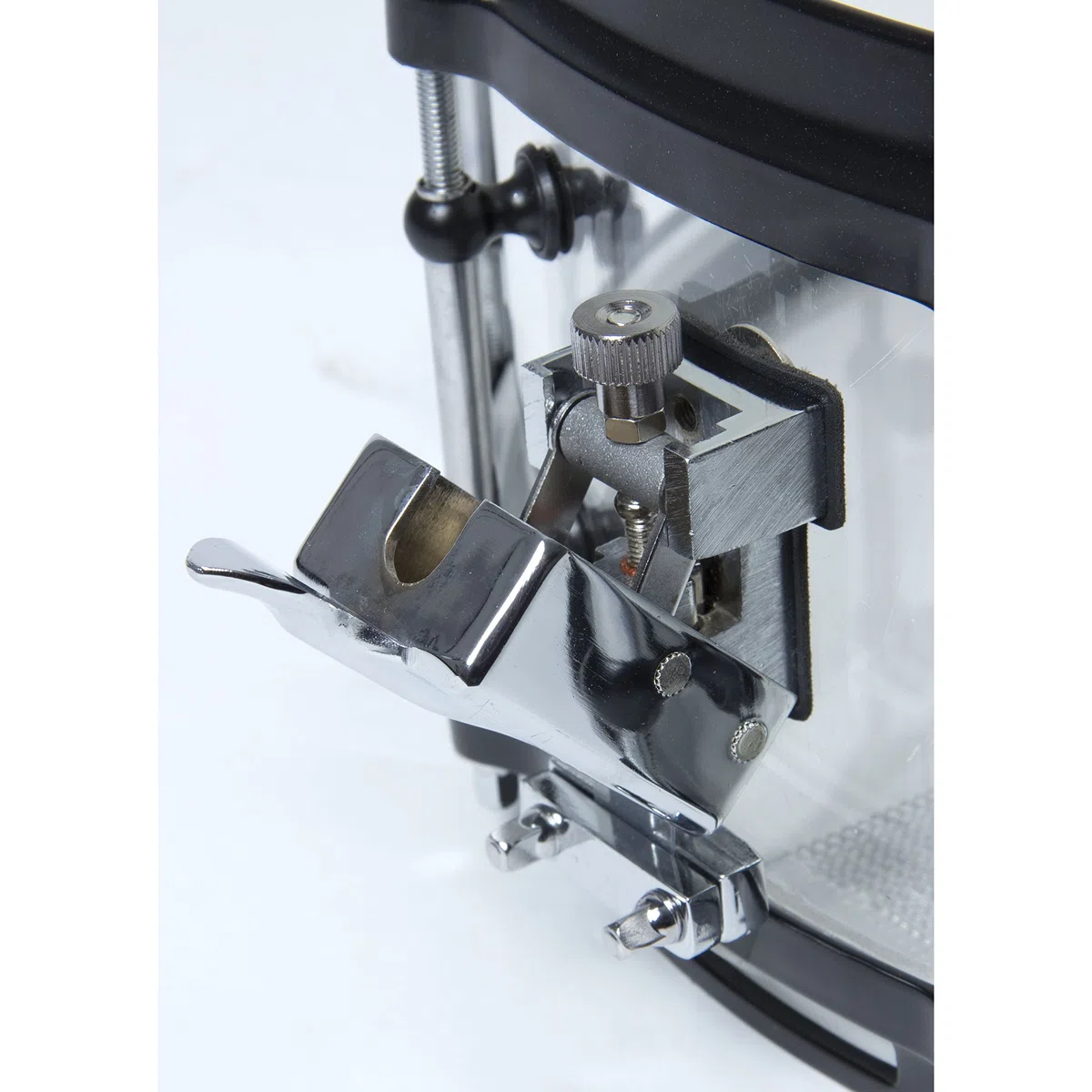 Fame Acryl Snare Drum, 14"x5.5", Transparent Clear, Black HW, Stahl Spannreifen, Tube Style Böckchen, Preisbrecher, Erstaunliche Resonanz und Optik"