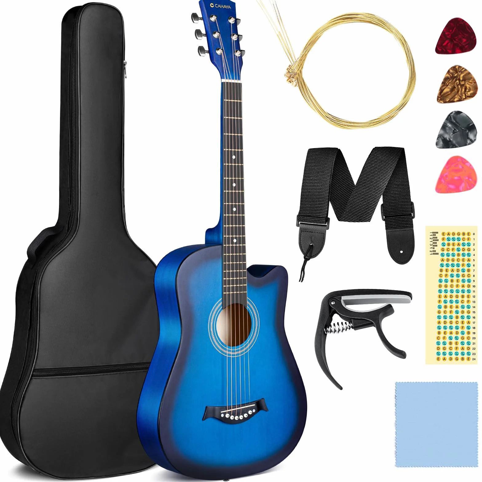 CAHAYA 38 Zoll Akustikgitarre Lindenholz: Akustikgitarren Set für Anfänger, Kinder und Erwachsene, kommt mit Tragetasche, Ersatzsaiten, Kapodaster, Plektren, Skalenaufklebern, Blau CY0354