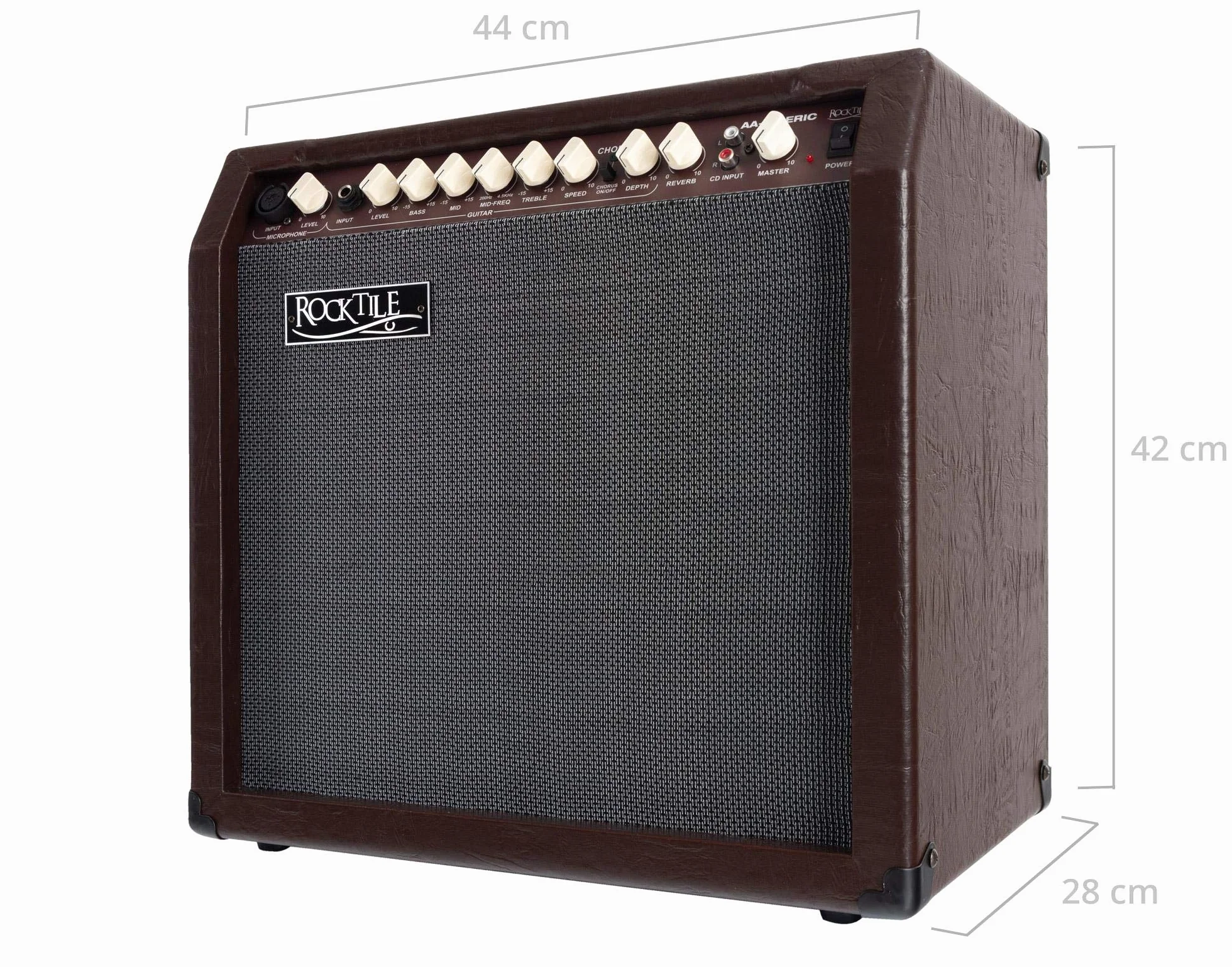 Rocktile AA-30 BN Eric Akustikverstärker - 30 Watt - 2 Kanäle (Mikrofon und Gitarre) - 10" Speaker + 2,5" Hochtöner - AUX-Eingang und Line Out - Chorus- und Hall-Effekt - Braun