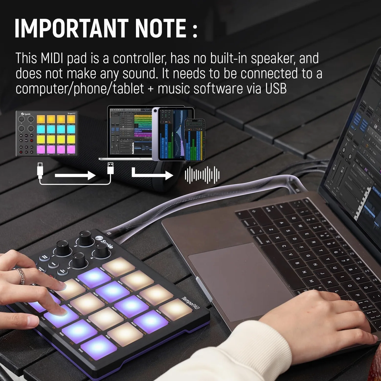 Synido MIDI Pad Controller Beat Maker Machine für Musikproduktion, TempoPAD Tragbares USB MIDI Beat Pad für Anfänger mit robuster Tragetasche, Hintergrundbeleuchtetes Schlagzeug-Pad, 4 zuweisbare