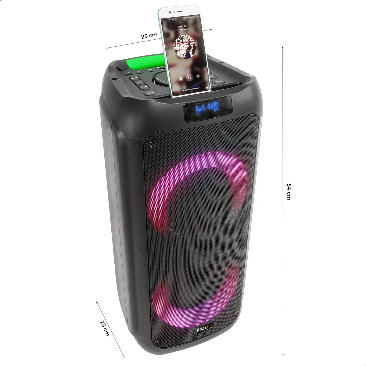 Ibiza - LYRA400-2x6,5"-300W batteriebetriebene Lautsprecher mit beleuchtetem Tieftöner, Bluetooth, Micro-SD, AUX und USB - Schwarz