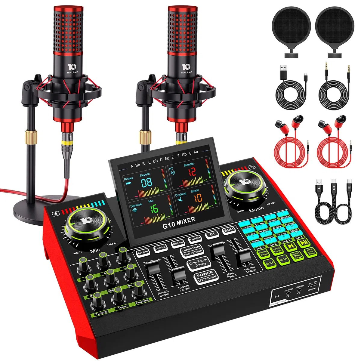 G10 Podcast Mikrofon Set mit 2 Mikrofonen, Audio Interface | Podcast Equipment Bundle mit G10 Audio Interface, Dual-Mikrofon Setup & DSP Rauschunterdrückung für Podcasts und Streaming