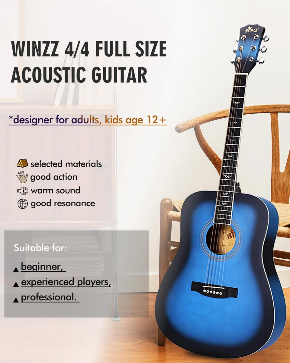 Winzz Akustikgitarren 4/4, Anfänger Gitarren 41 Zoll mit Gitarrentkoffer, Stimmgerät, Gurt, Plektren, Extra Saite und Gitarrenständer (Blau)