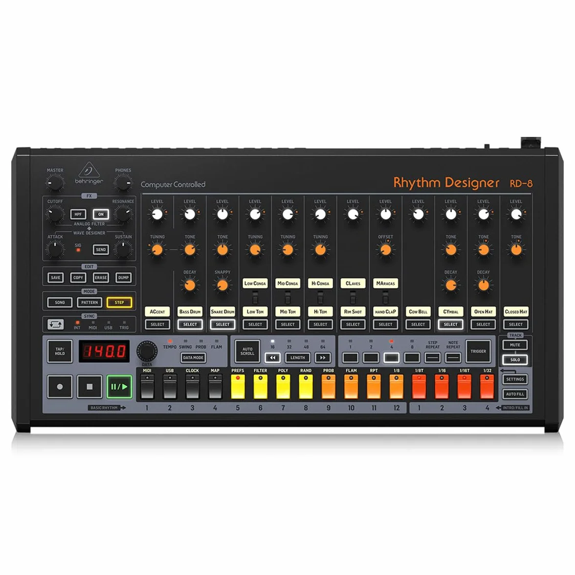 Behringer RHYTHM DESIGNER RD-8 MKII Classic Analog Drum Machine mit 16 Drum Sounds, 64 Step Sequencer, Wave Designer und Dual-Mode Filter